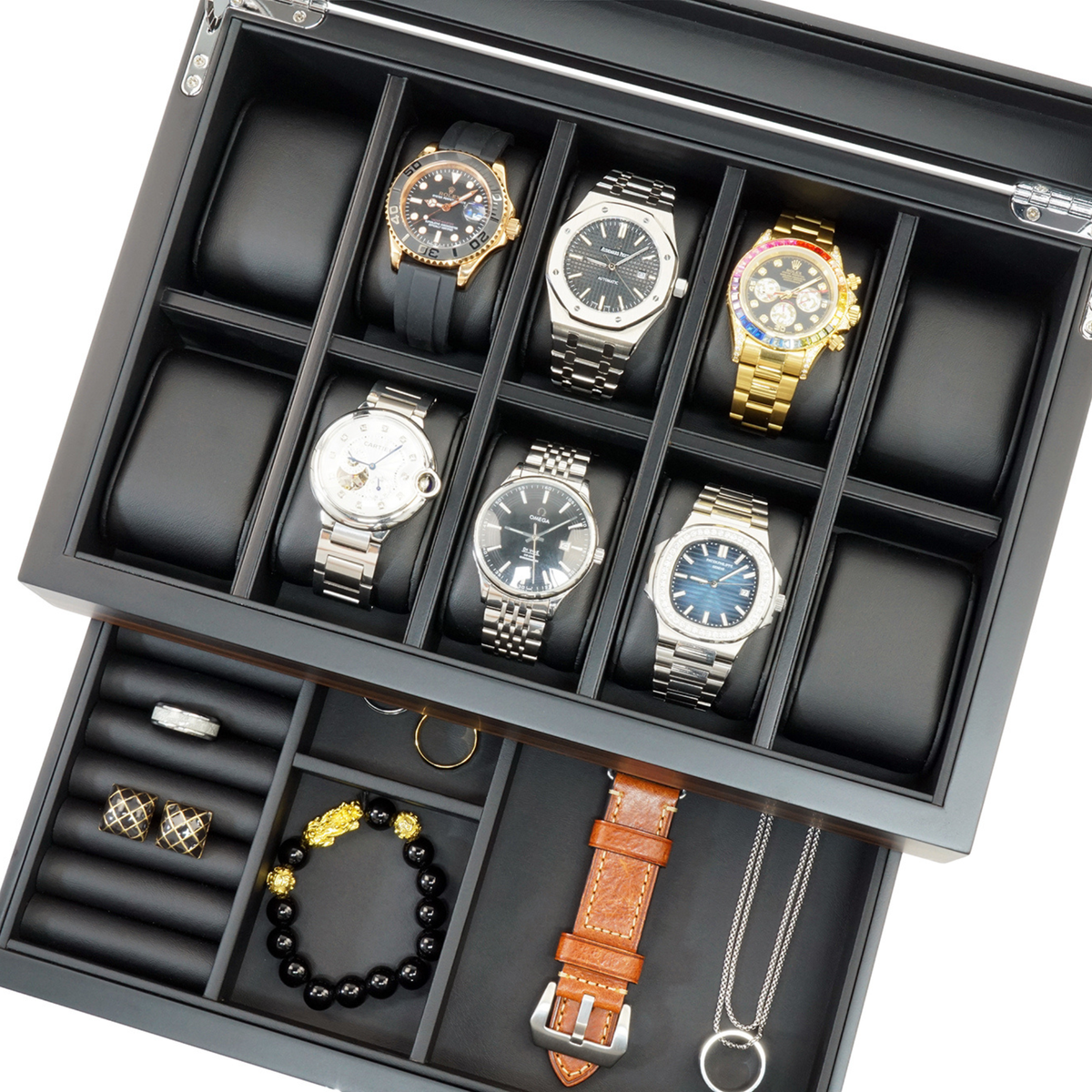 Uhrenbox für 12 Uhren aus Ebenholz mit Schublade
