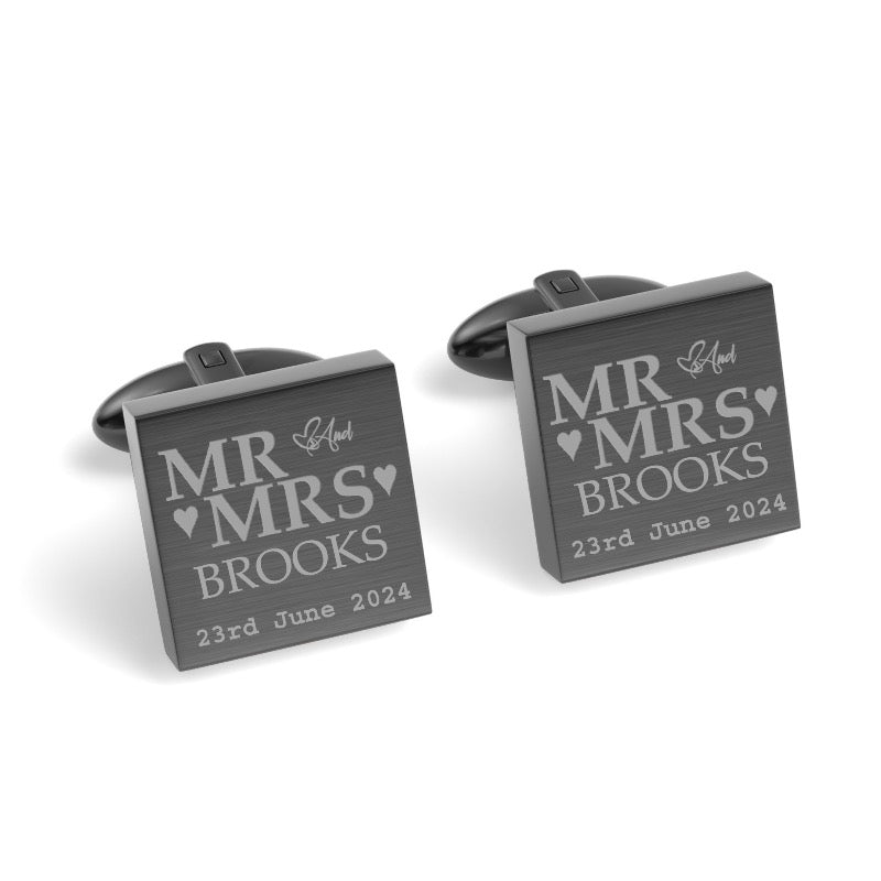Mr & Mrs Last Name Love Heart with Date Engraved Wedding Cufflinks
