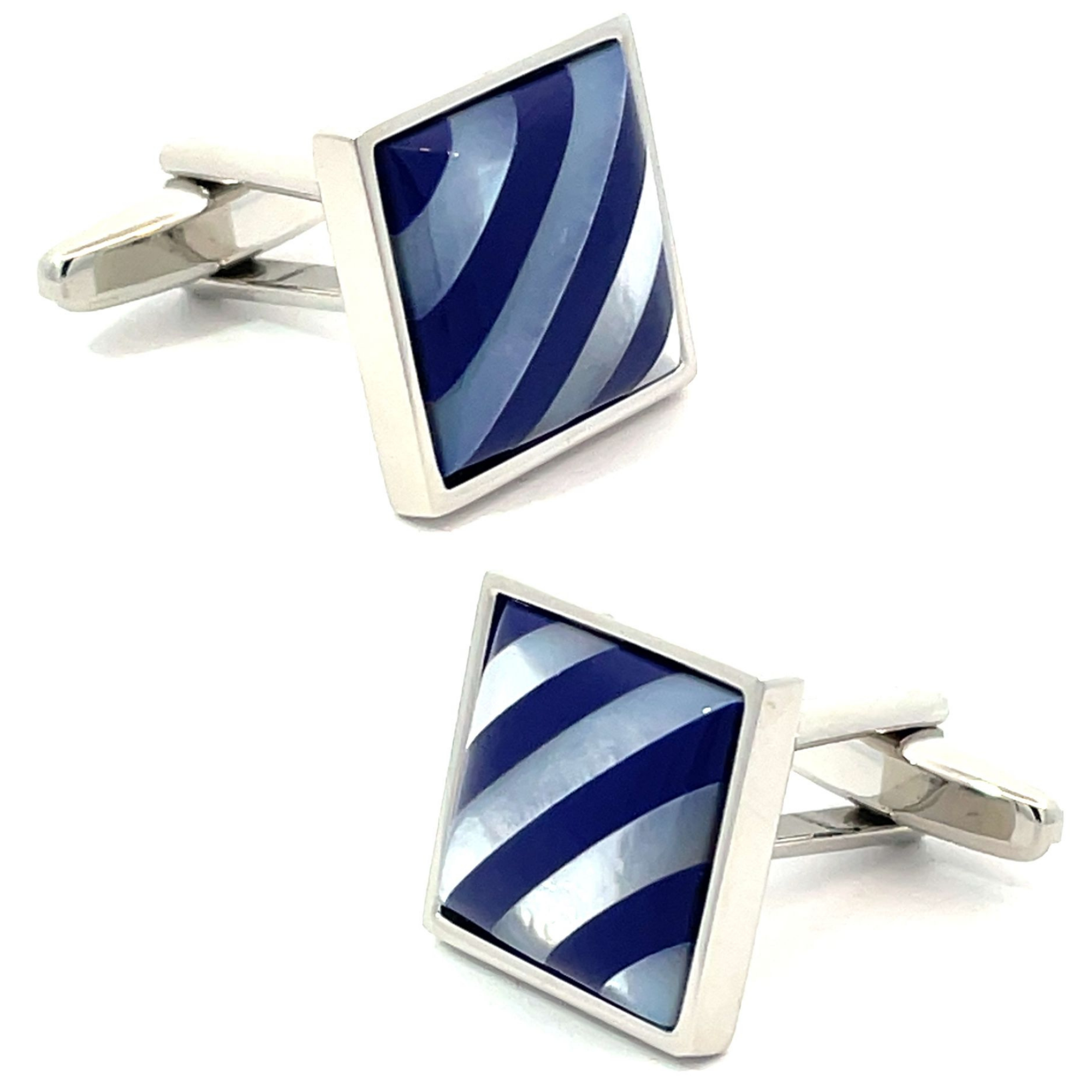 Navy Blue Diagonal Stripes on Mother of Pearl Cufflinks