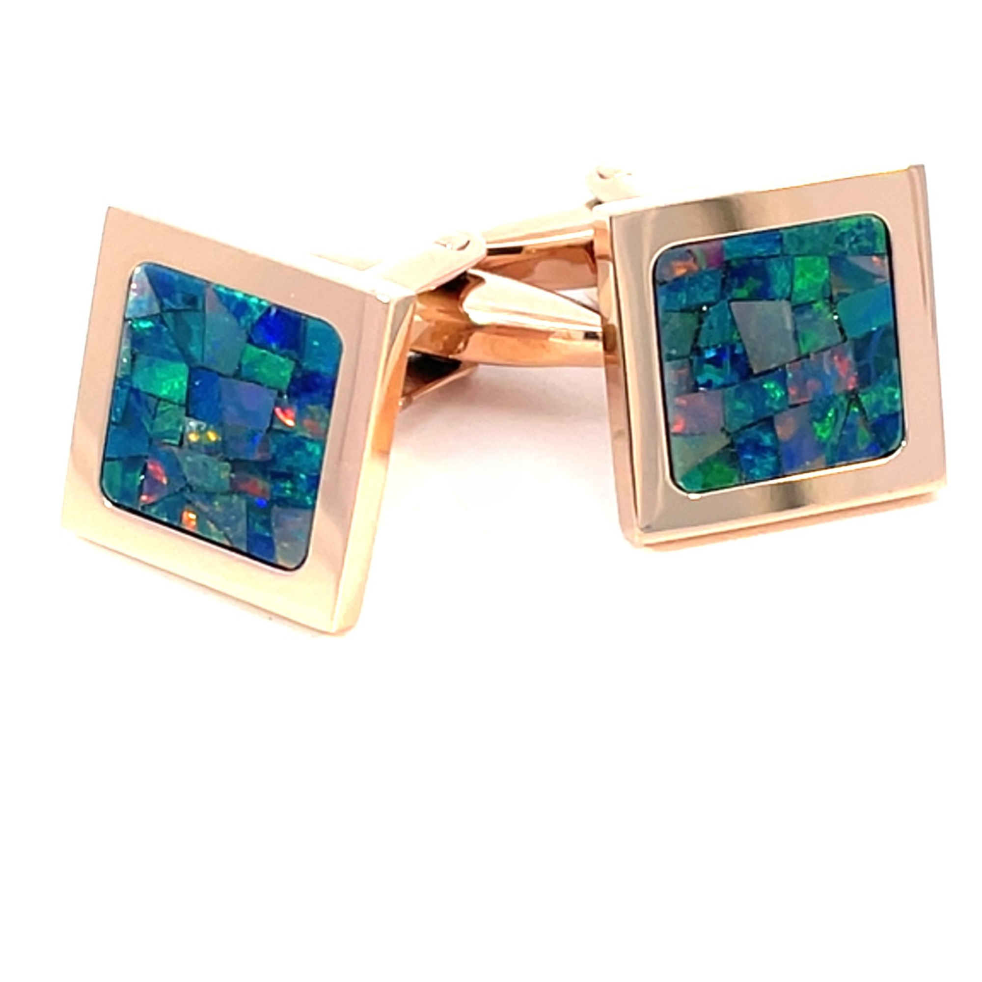 Australian Square Opal Cufflinks (Green Shiny Rose Gold)