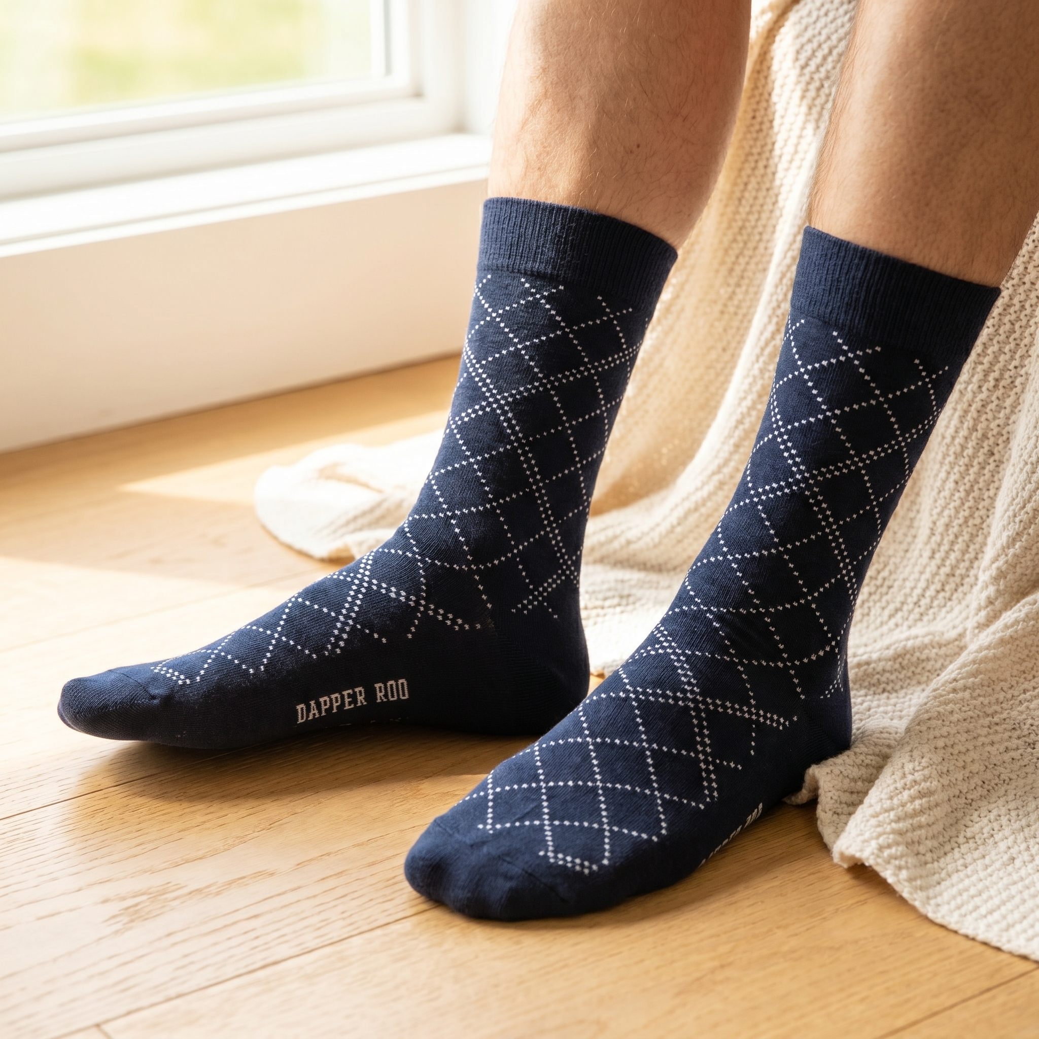 Diamond Lattice Blue Bamboo Socks by Dapper Roo lifestyle image - Nano Banana 2 #2