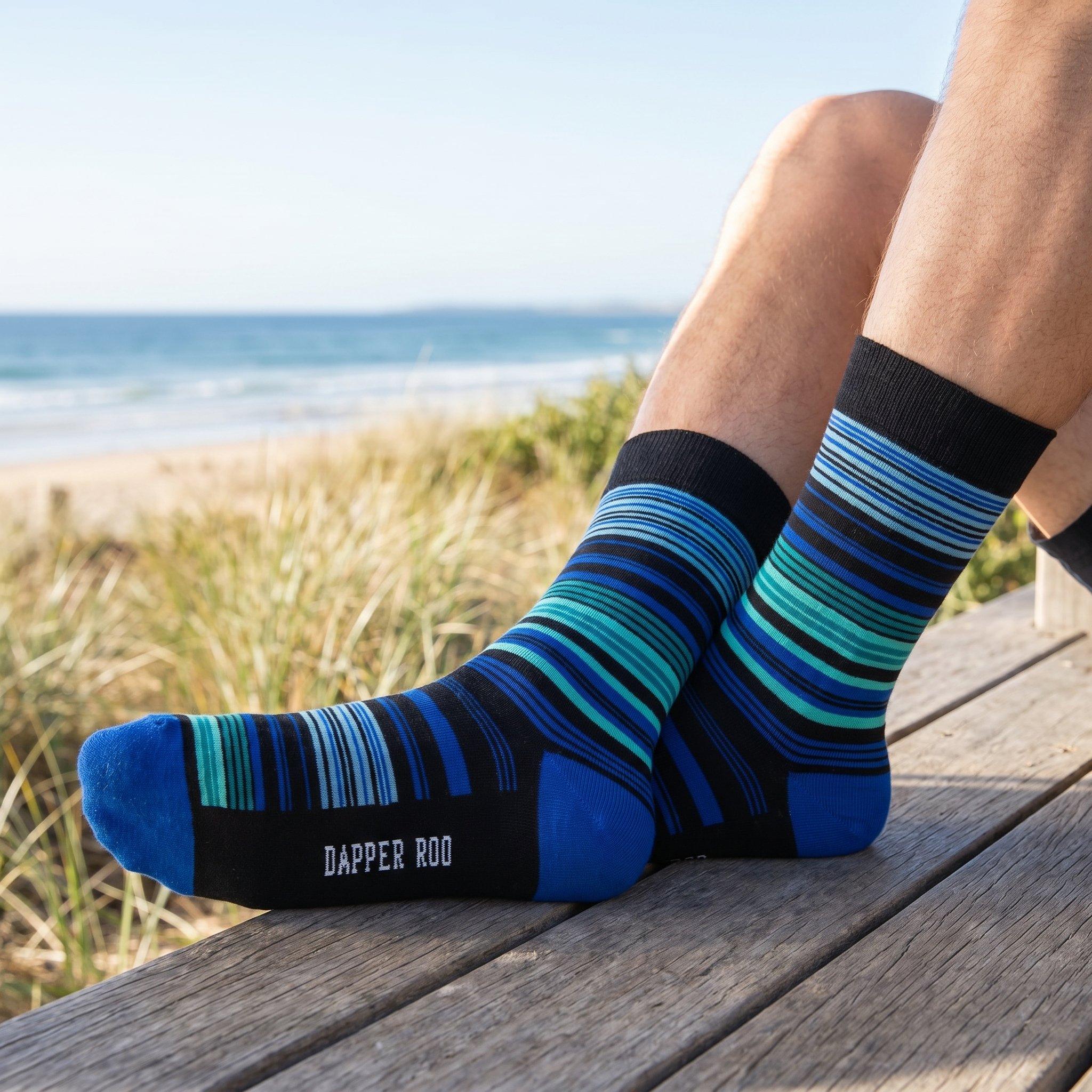Variegated Ocean Stripe Bamboo Socks by Dapper Roo lifestyle image - Nano Banana 2 #1