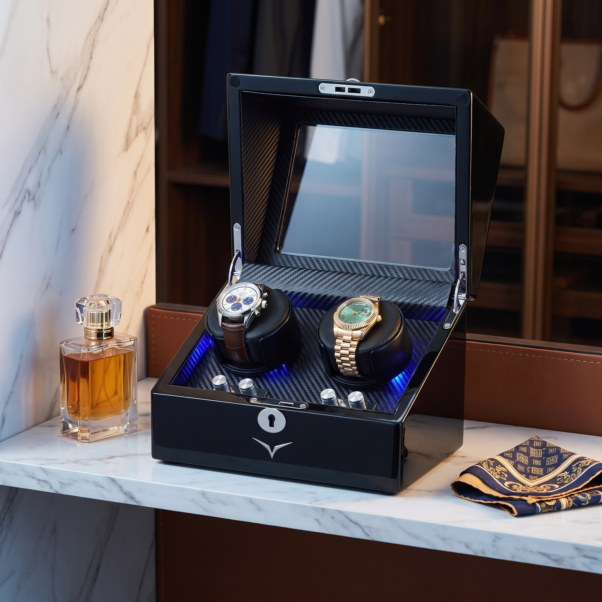Waratah Black Carbon Fibre Watch Winder Box for 2 Watches — lifestyle shot