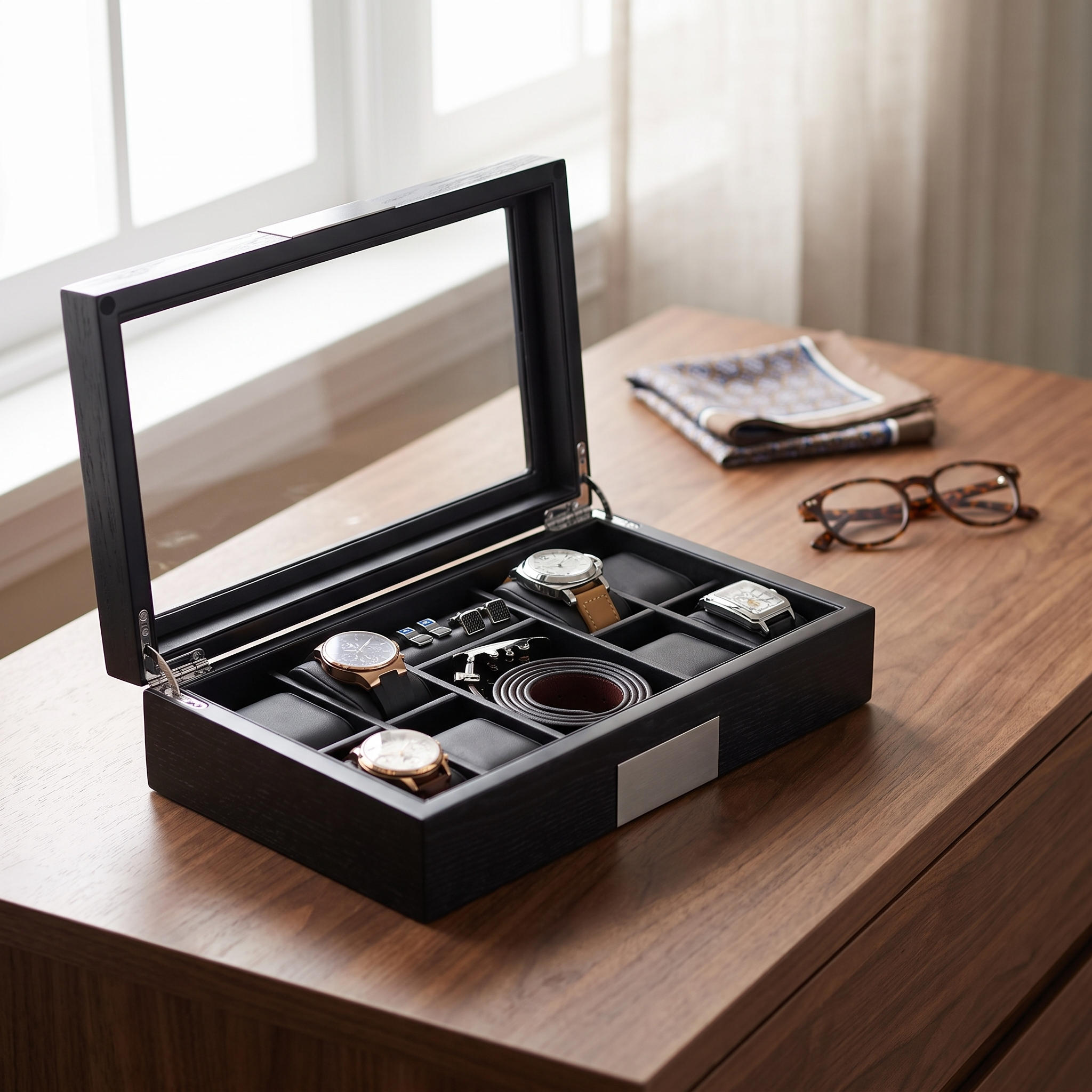 Black Wooden Watch Box for 8 Watches with Organiser — lifestyle shot