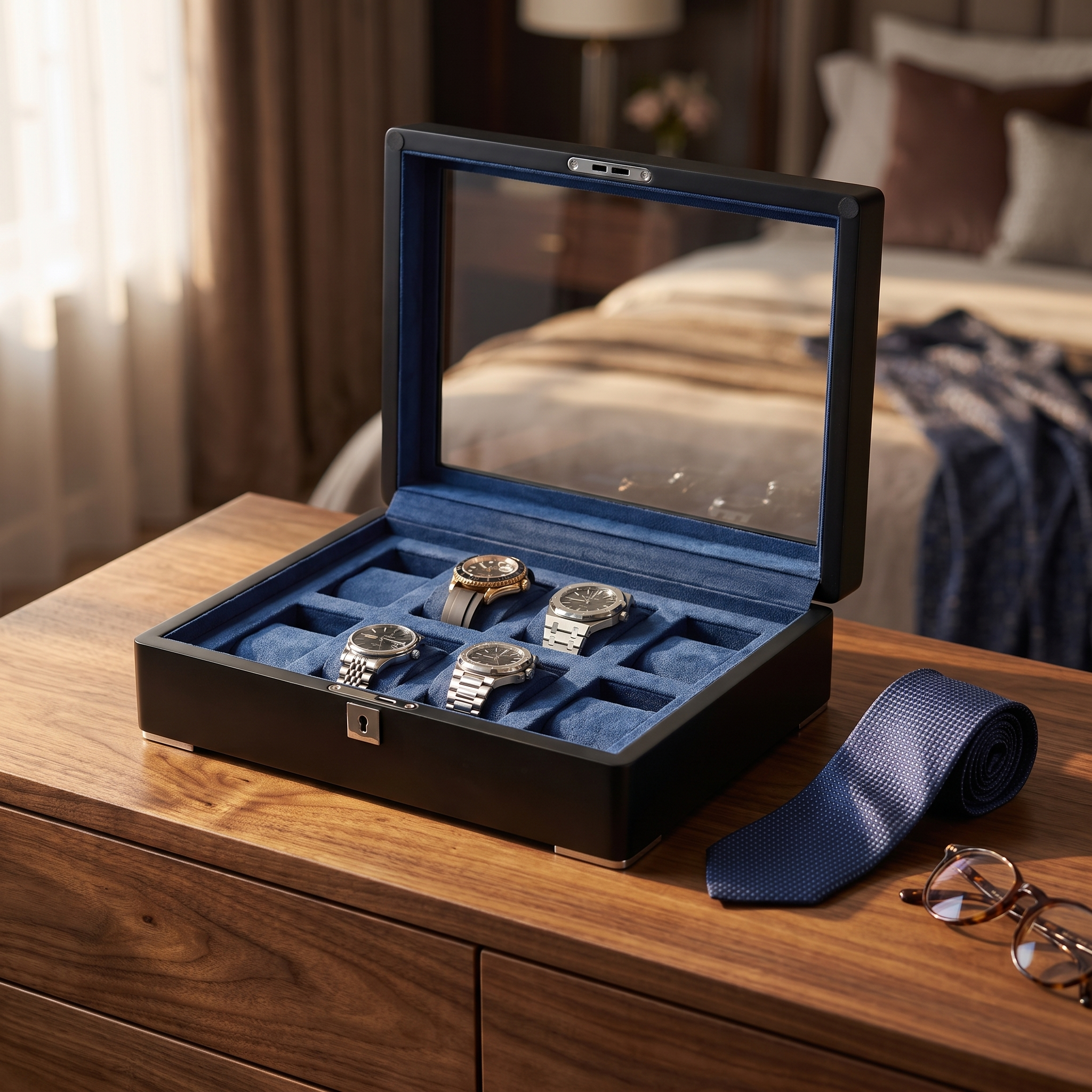 8 Slot Black Wooden Watch Box with Blue Interior — lifestyle shot