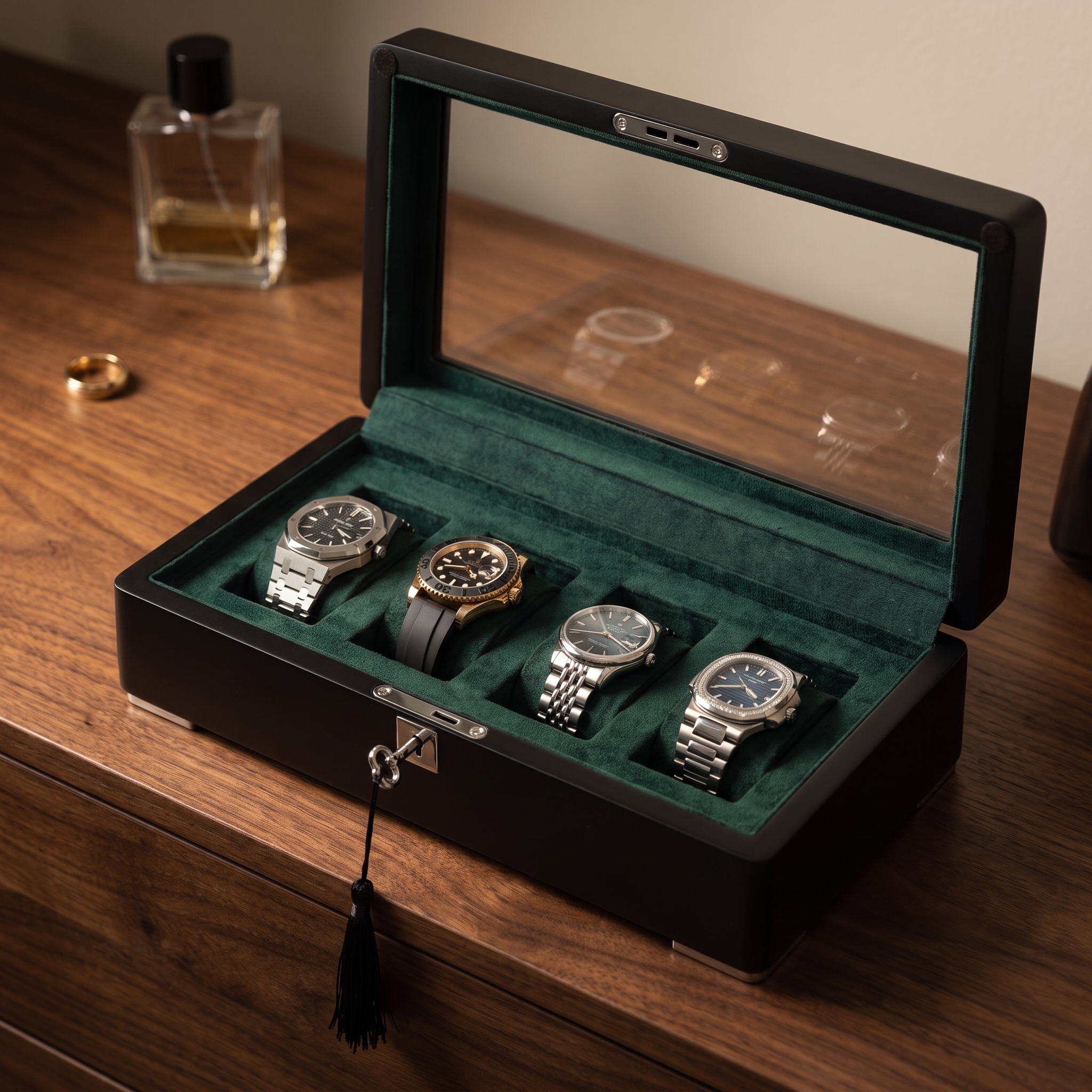 4 Slot Black Wooden Watch Box with Green Interior — lifestyle shot
