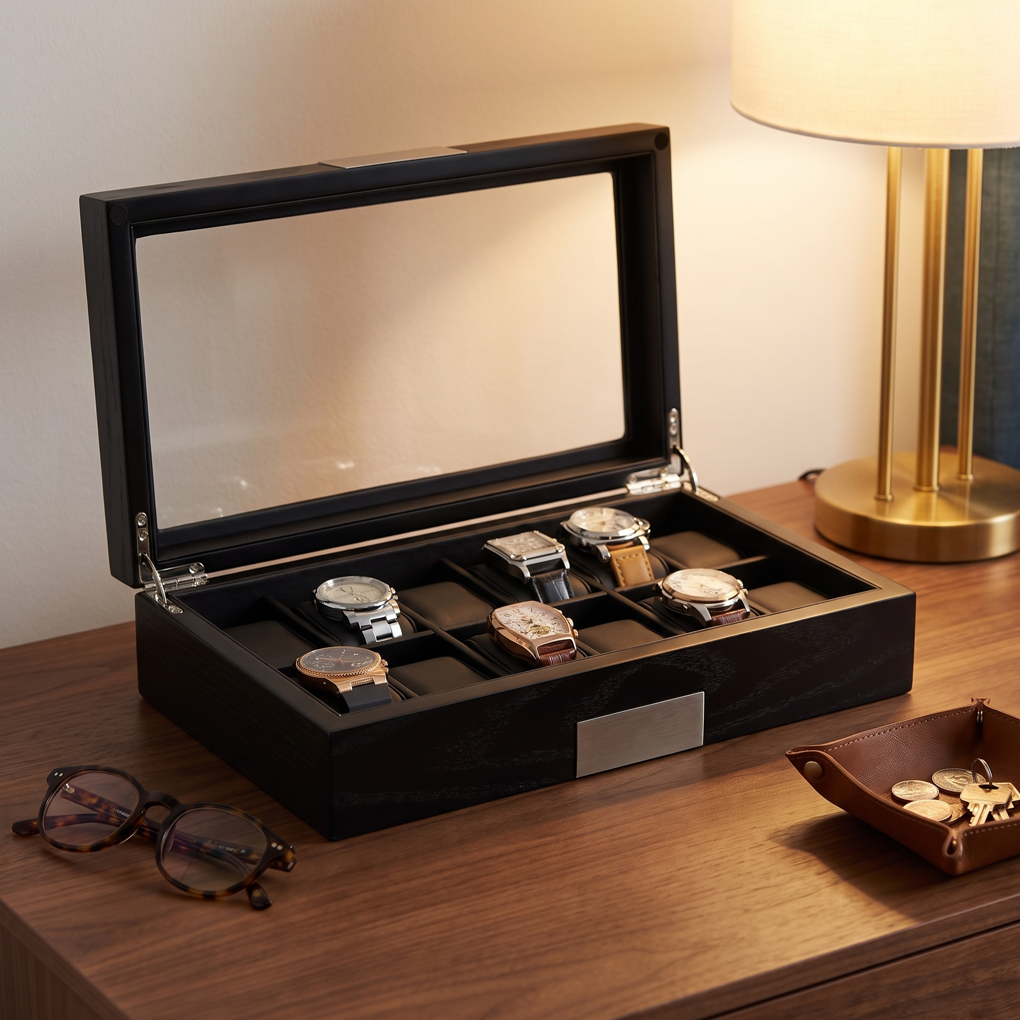 12 Slots Black Wooden Watch Box — lifestyle shot