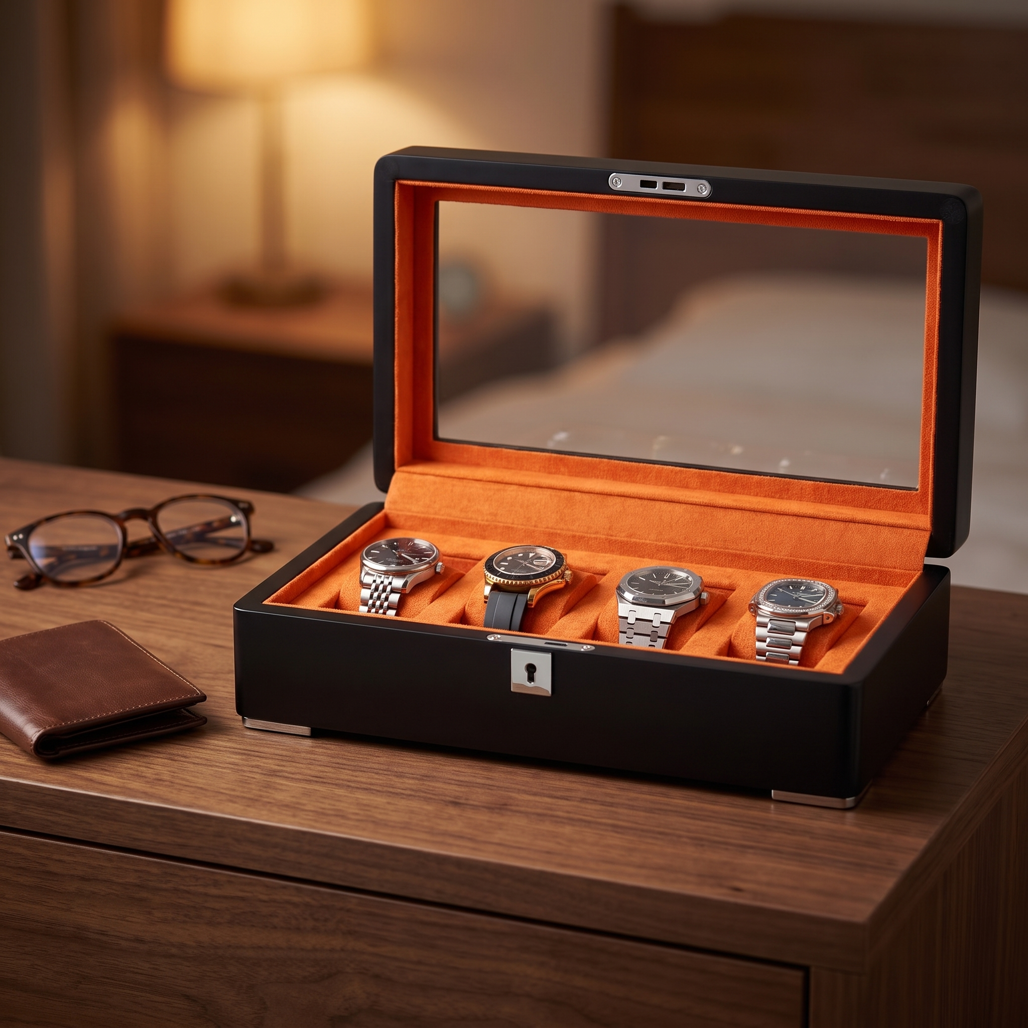 4 Slot Black Wooden Watch Box with Orange Interior — lifestyle shot