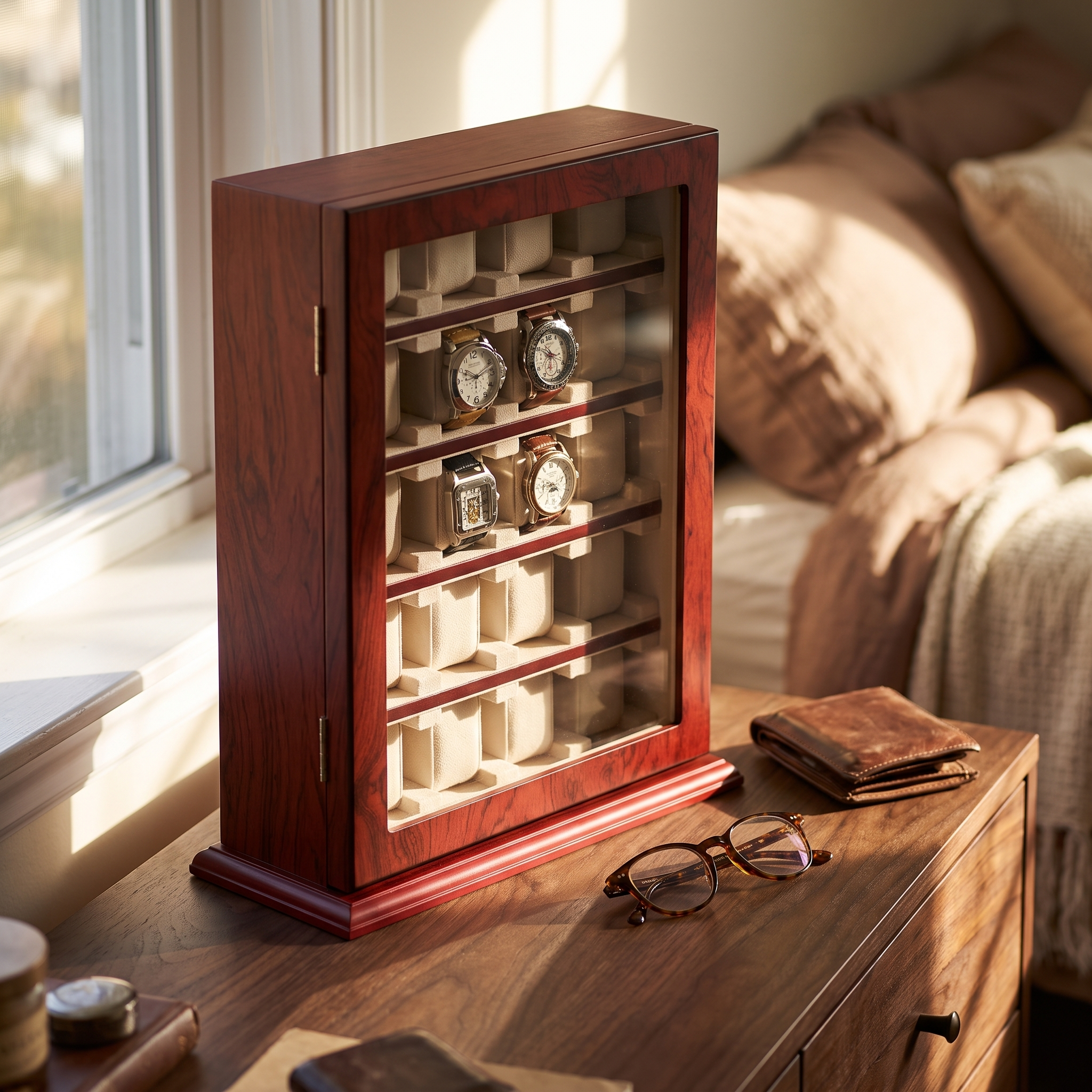 Bubinga Wooden Watch Cabinet for 20 — lifestyle shot