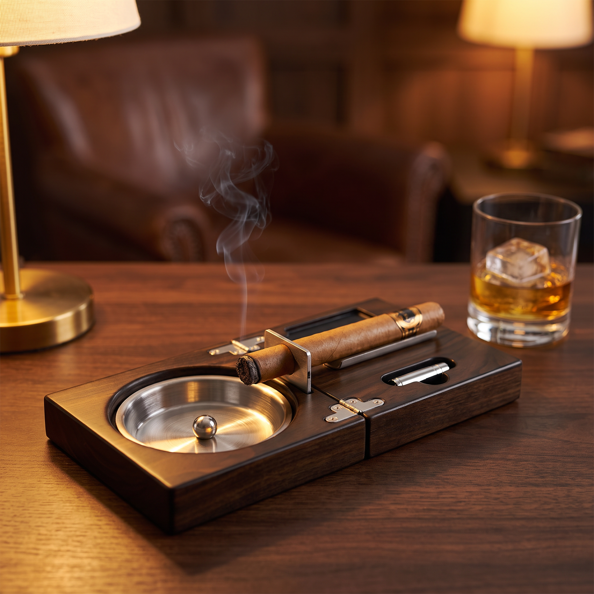Walnut Wooden Foldable Cigar Ashtray with Cigar Cutter — lifestyle shot