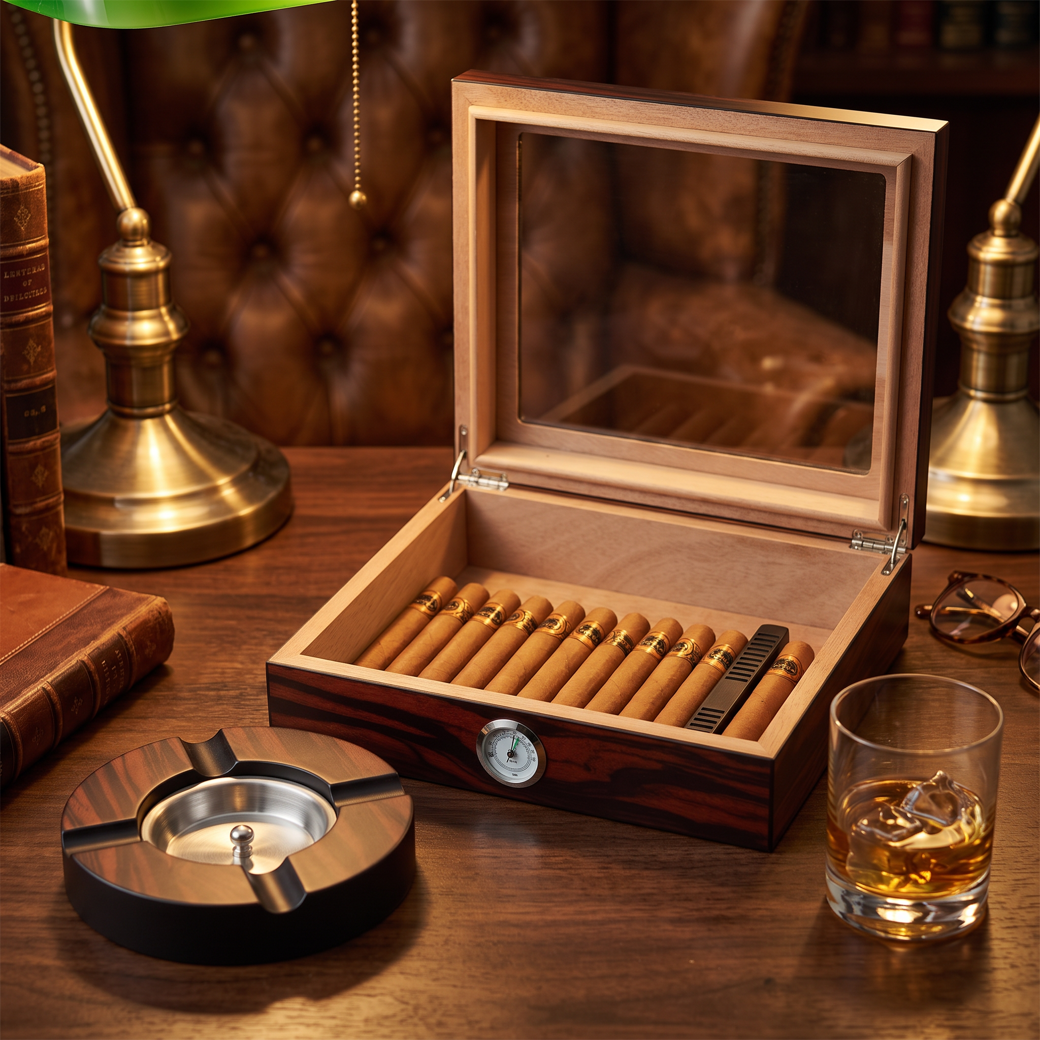 20 CT Ebony Wooden Cigar Humidor and Ashtray Set — lifestyle shot