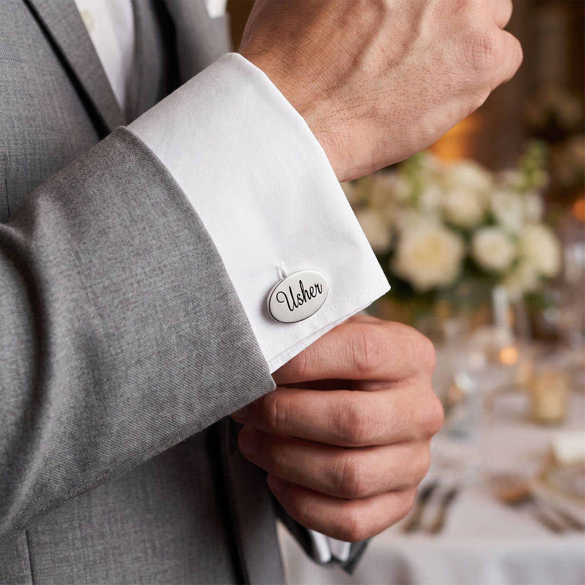 Usher Script Wedding Cufflinks — lifestyle shot