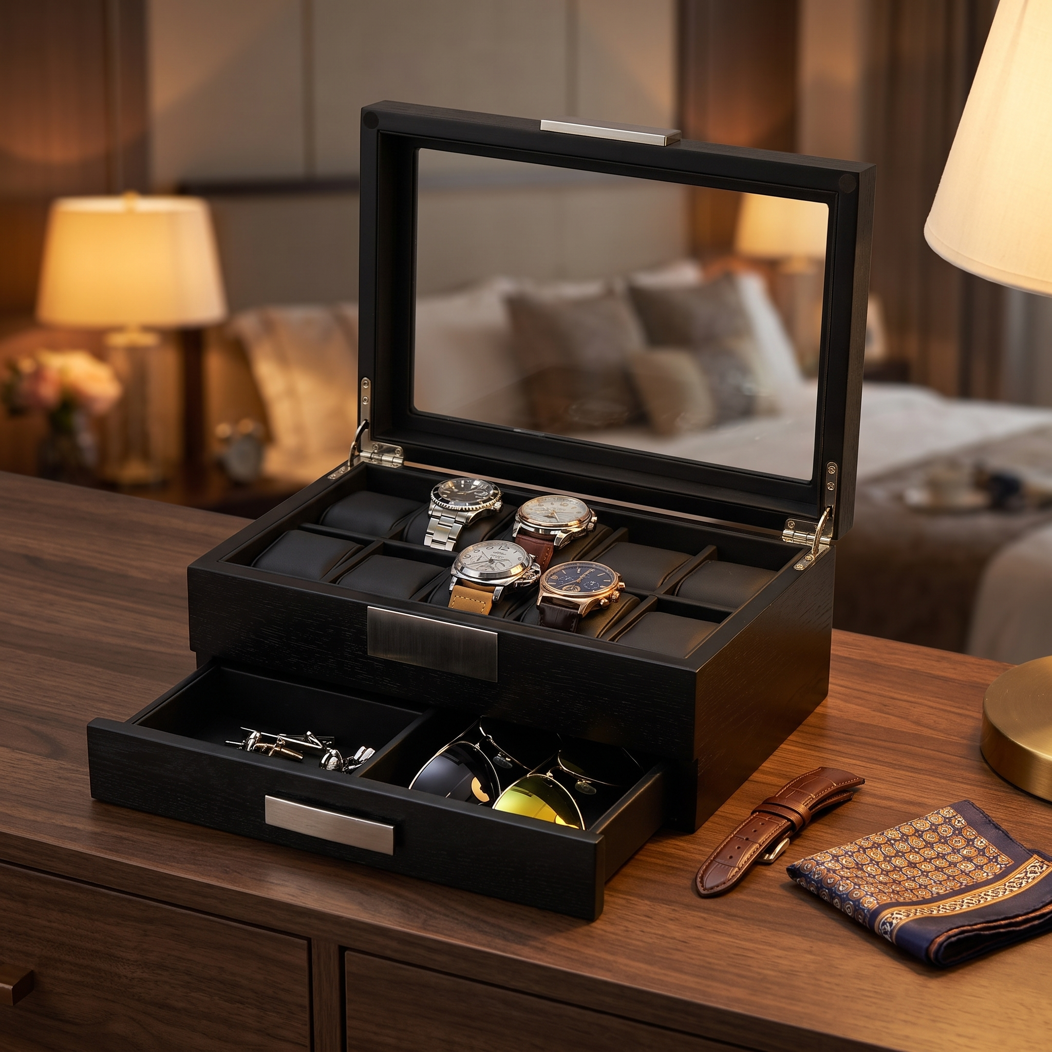 Black Wooden Watch Box for 10 Watches with a Drawer — lifestyle shot