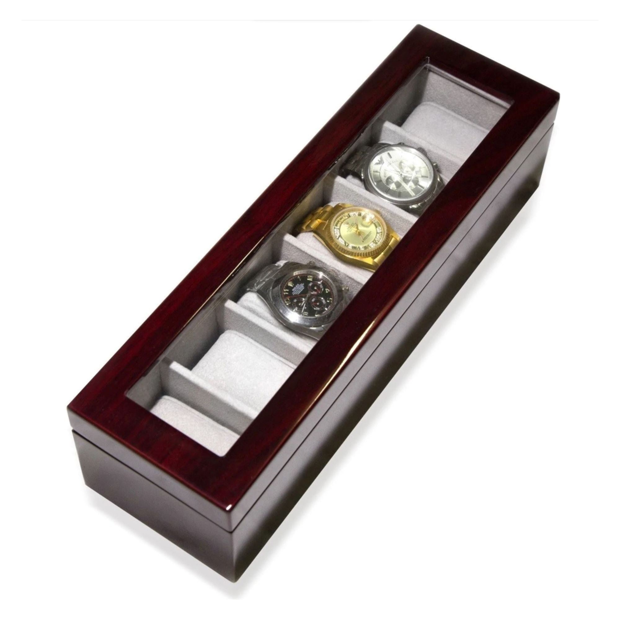 Seconds - Long Watch Box with Glass Top 6 Compartments in Mahogany Seconds Clinks
