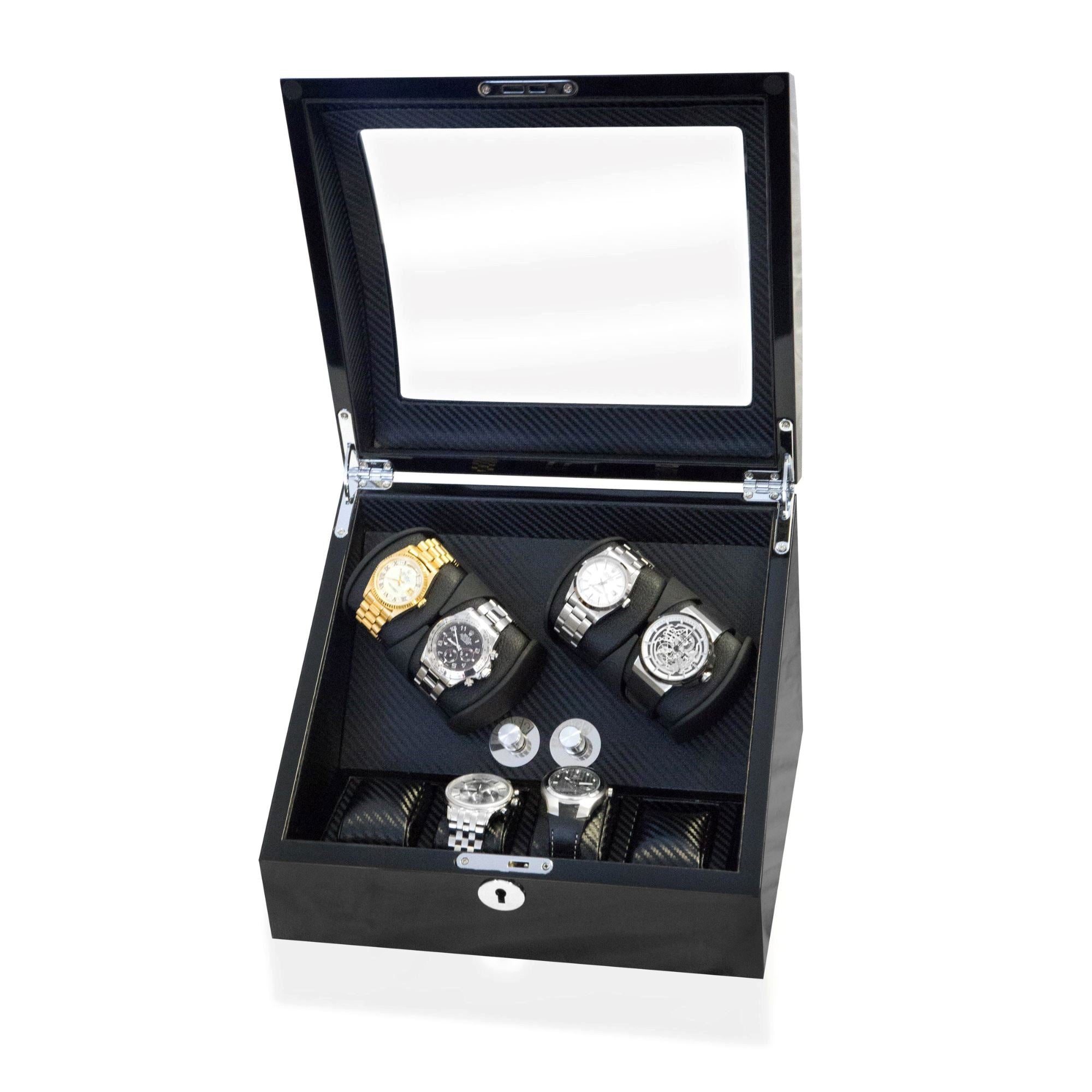 Seconds - Avoca Watch Winder Box 4 + 4 Watches in Black - Carbon Fibre Interior (a) Seconds Clinks