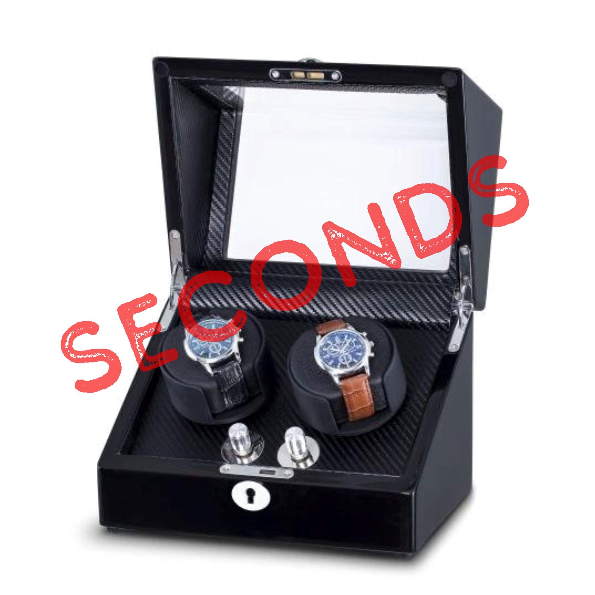Seconds - Waratah Black Carbon Fibre Watch Winder Box for 2 Watches (b) Seconds Clinks