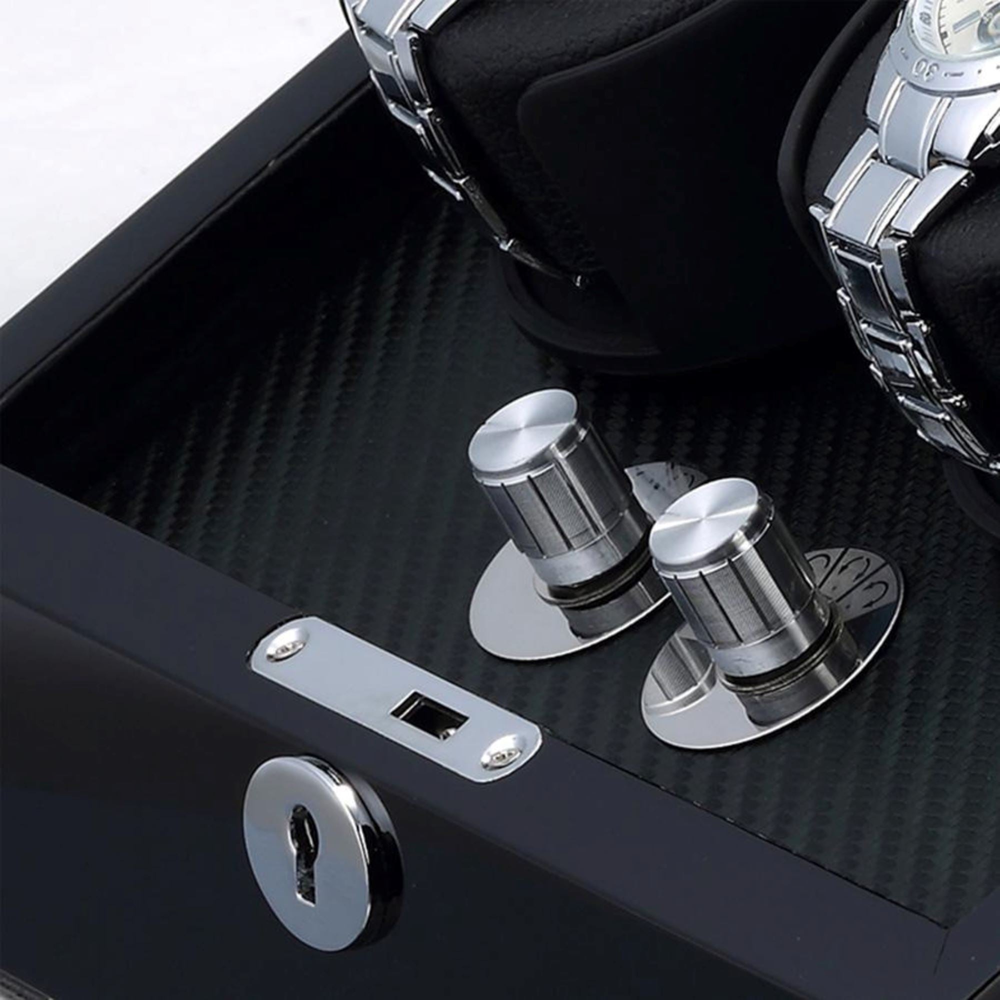 Seconds - Waratah Black Carbon Fibre Watch Winder Box for 2 Watches (b) Seconds Clinks