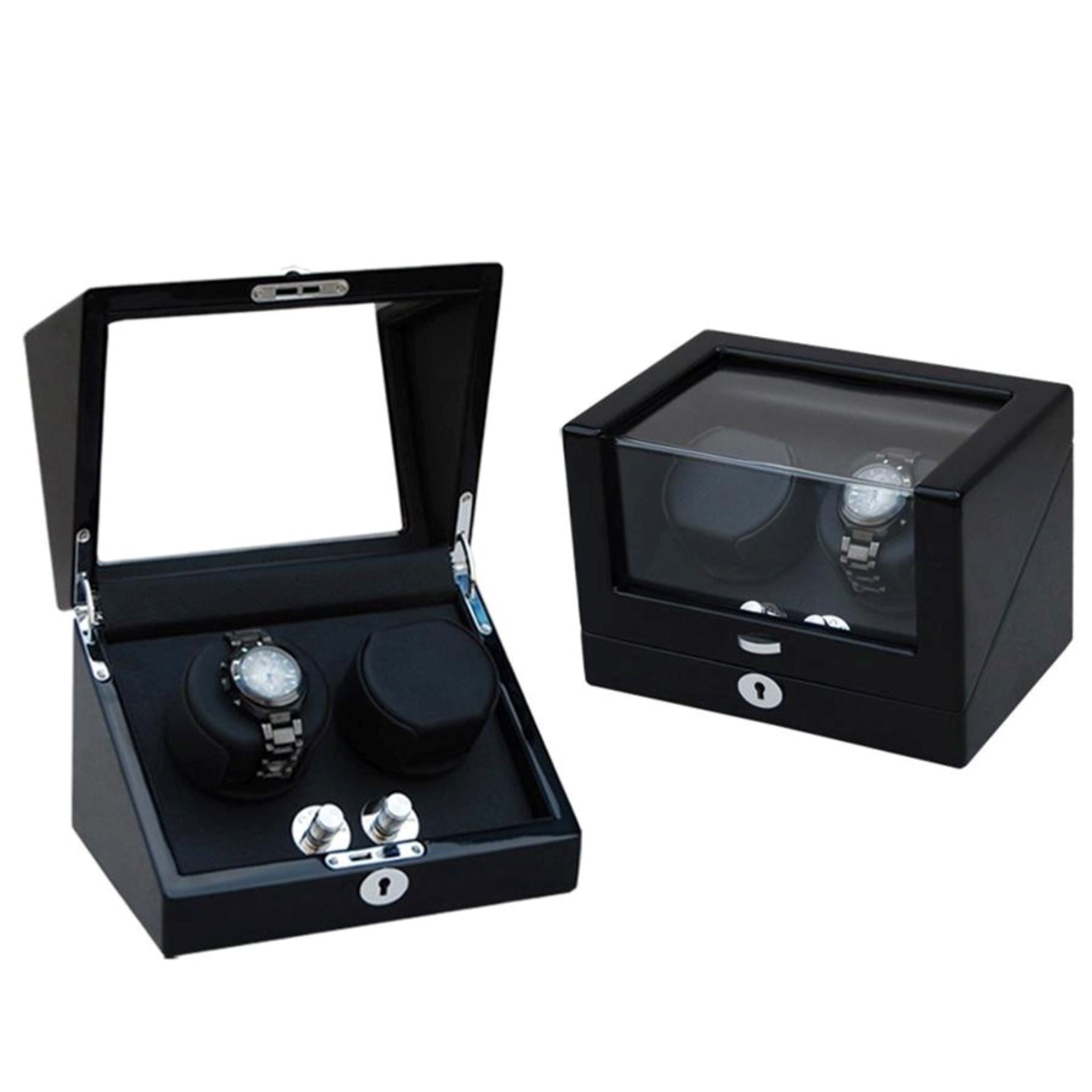 Seconds - Waratah Black Carbon Fibre Watch Winder Box for 2 Watches (b) Seconds Clinks