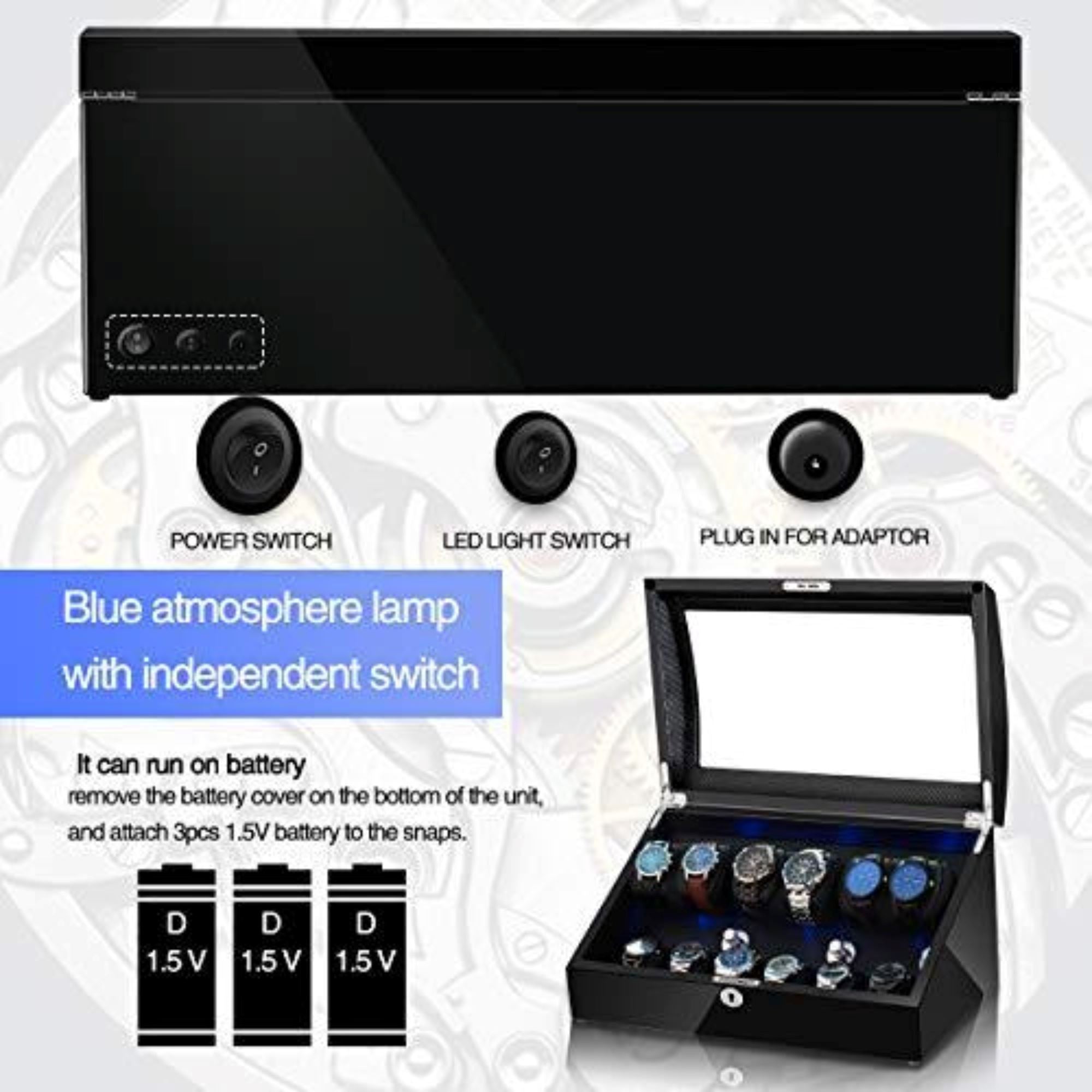 Seconds - Avoca Watch Winder Box 6 + 6 Watches in Black with Carbon Fibre Interior (c) Seconds Clinks