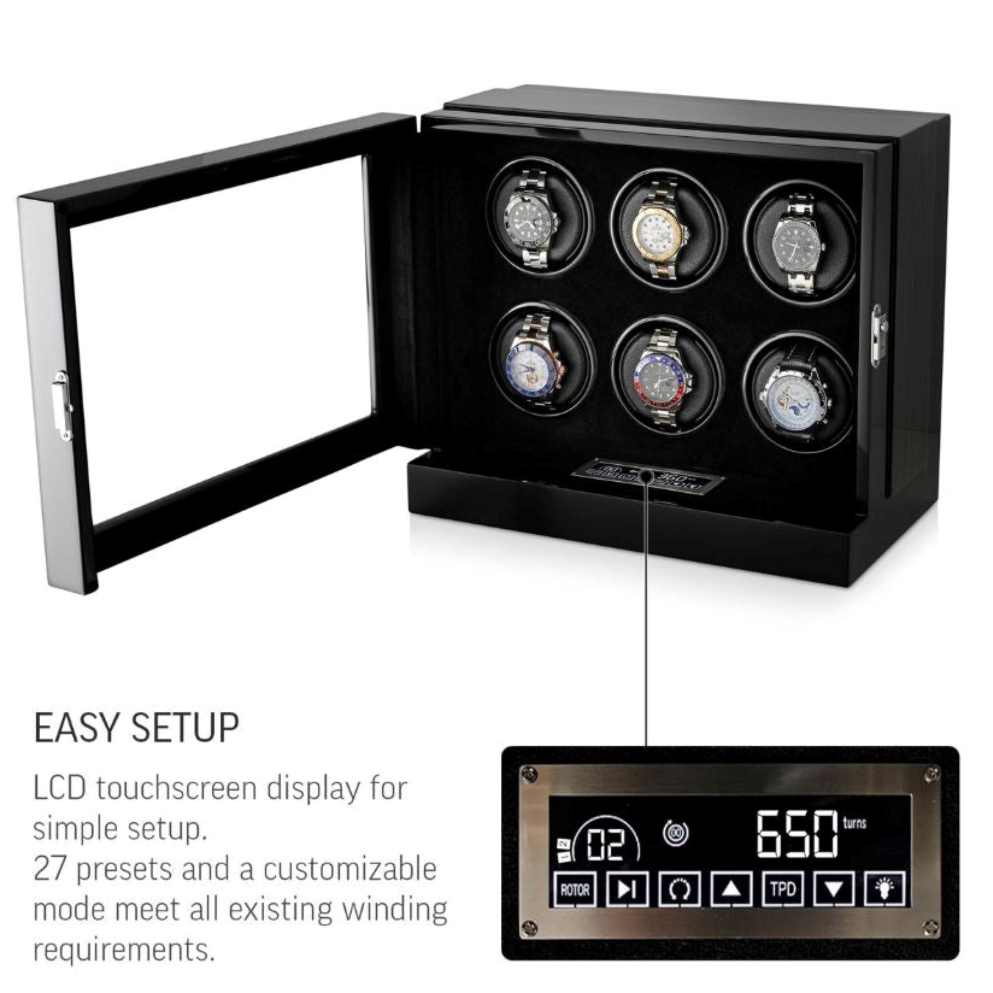 Seconds - Sydney Watch Winder Box for 6 Watches in Black (a) Seconds Clinks