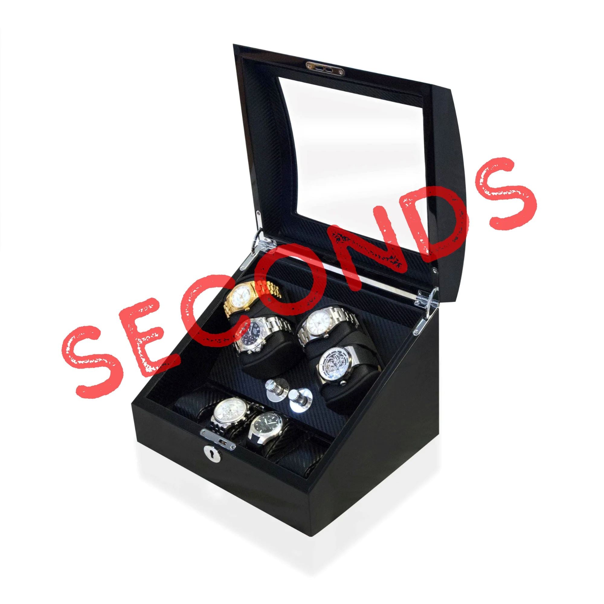 Seconds - Avoca Watch Winder Box 4 + 4 Watches in Black - Carbon Fibre Interior (c) Seconds Clinks