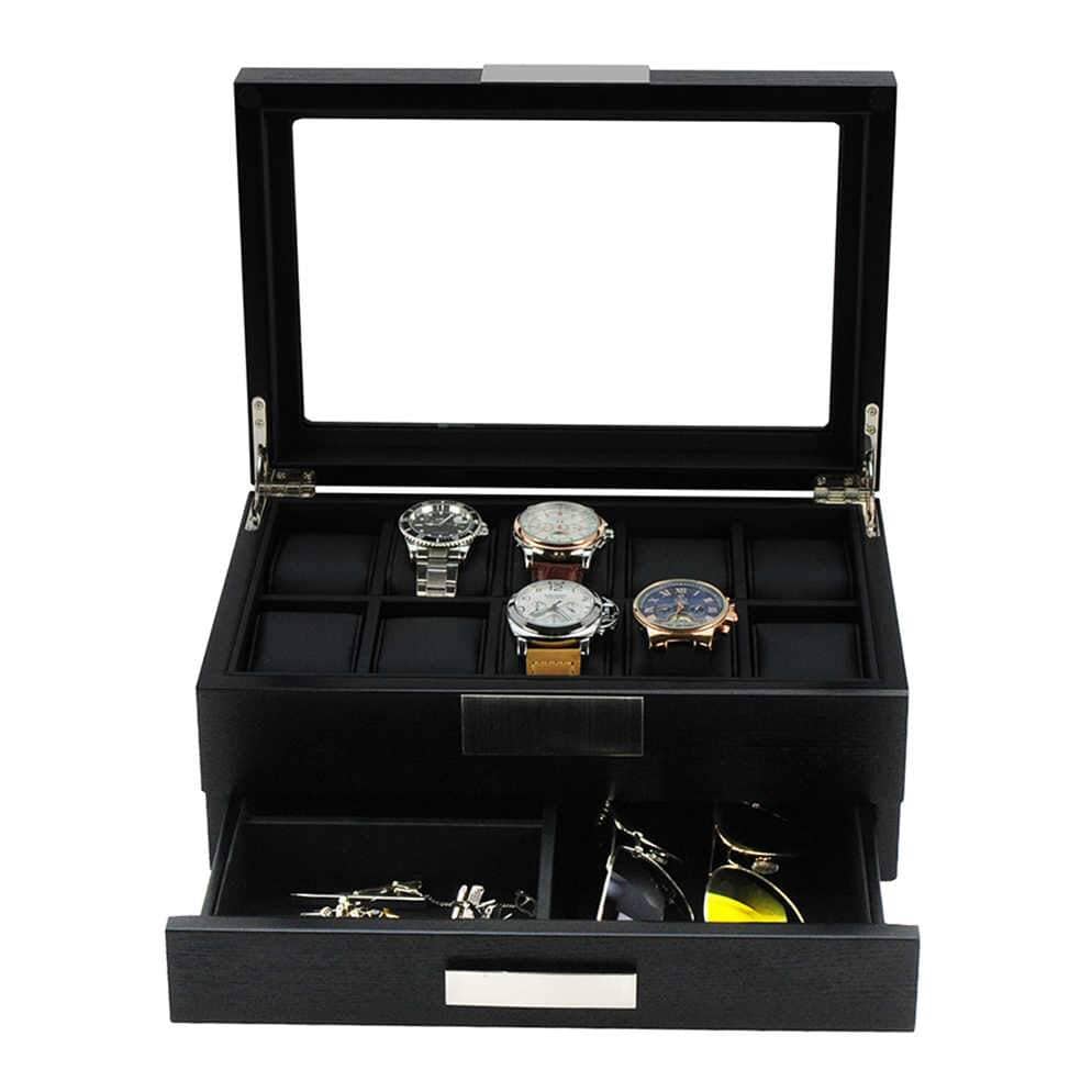 Black Wooden Watch Box for 10 Watches with a Drawer Watch Boxes Clinks