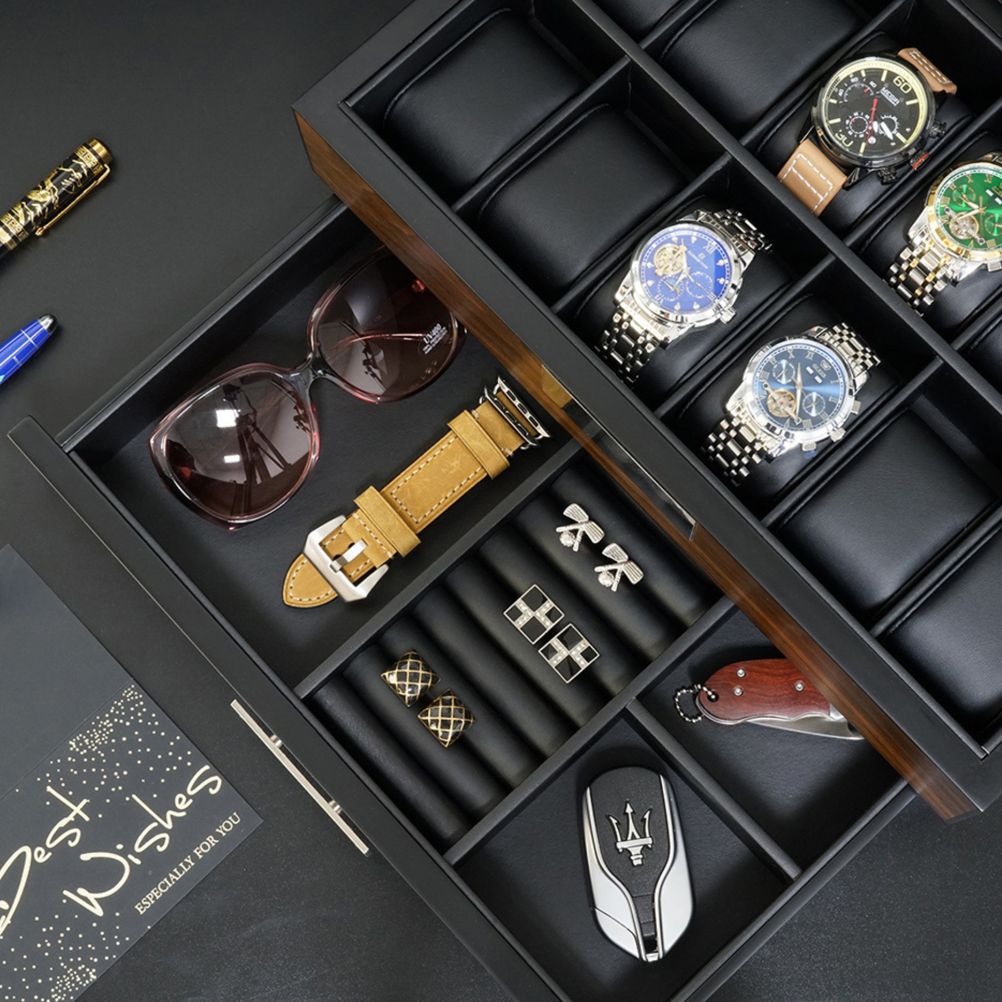 12 Slots Watch Box with Drawer in Ebony Wood