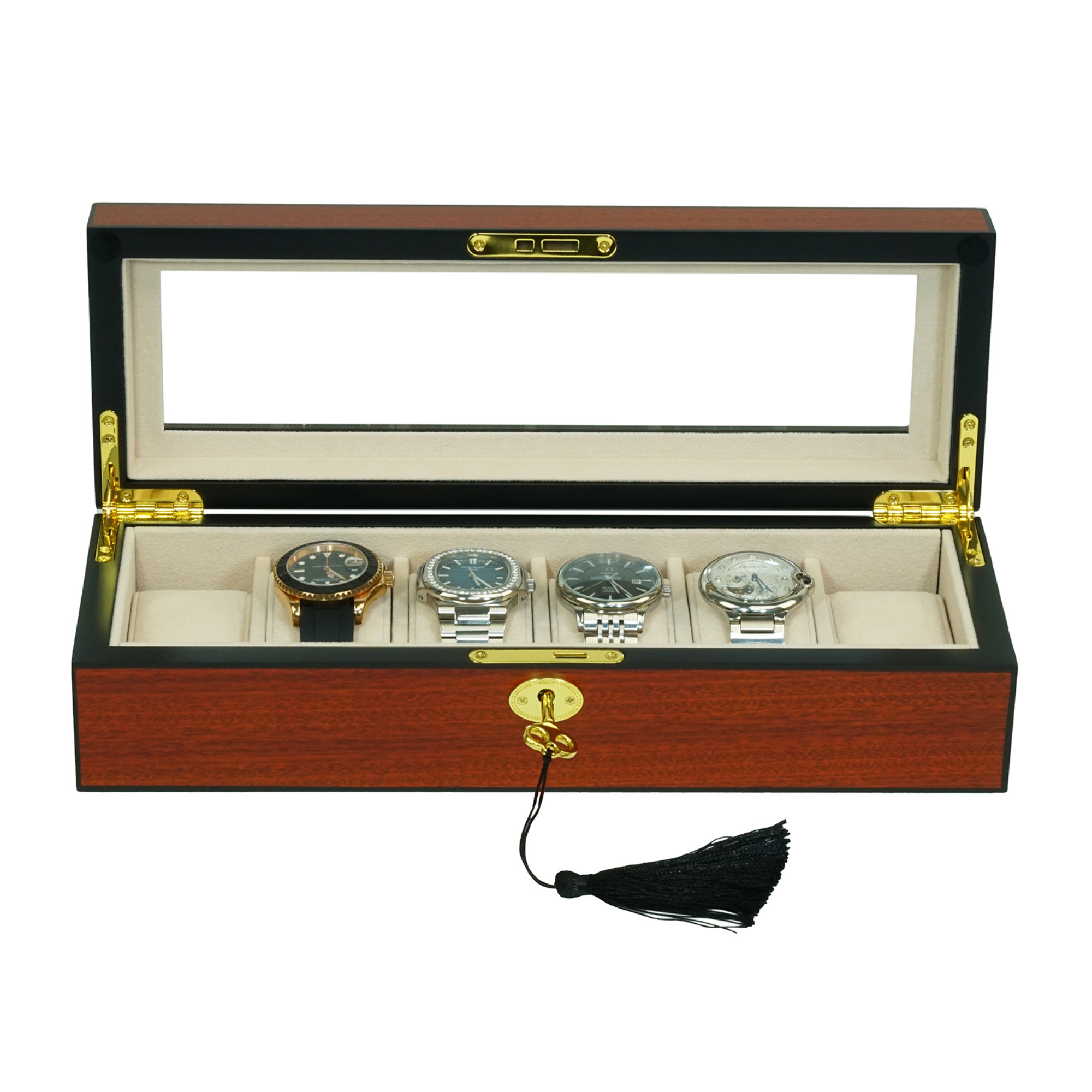 6 Slots Wooden Watch Box With Glass Window