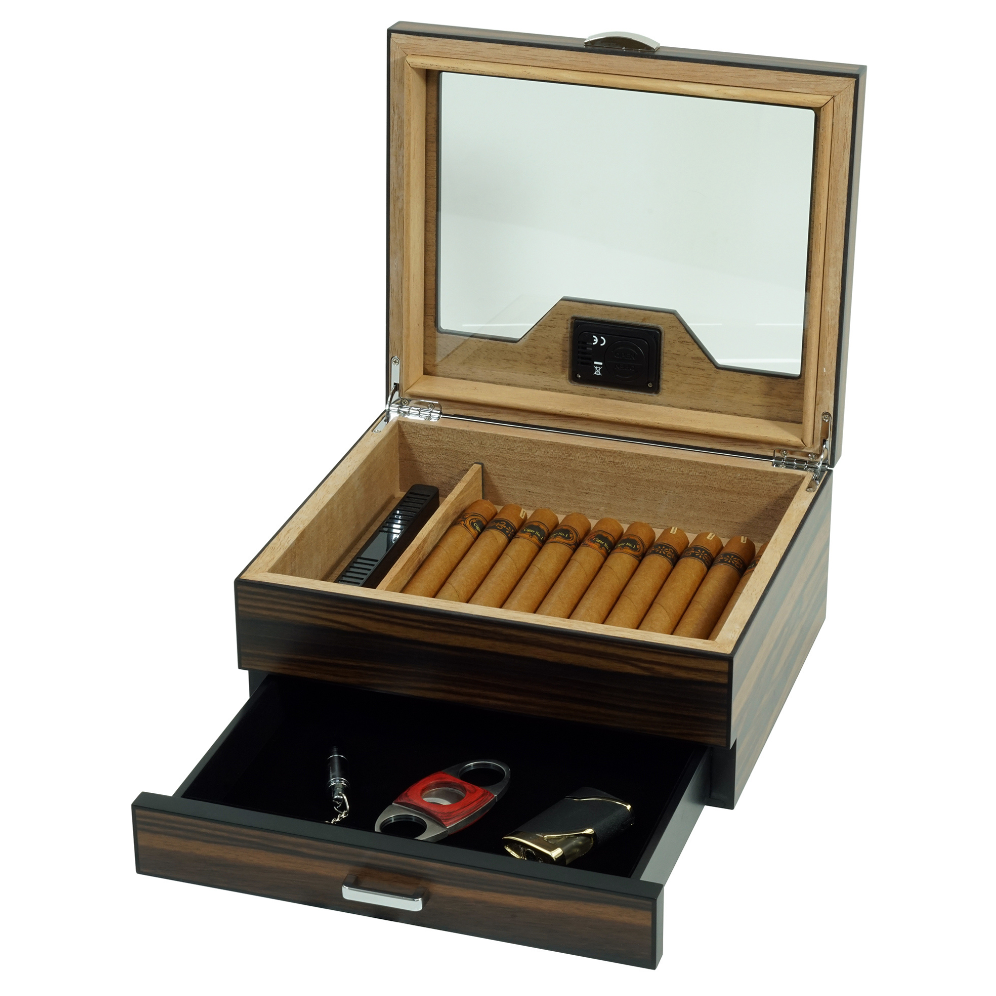 20 CT Ebony Wooden Cigar Humidor Box with Drawer for Cigars