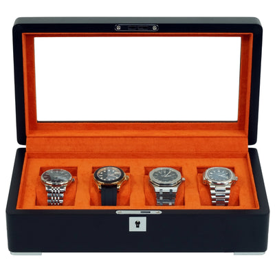 4 Slot Black Wooden Watch Box with Orange Interior