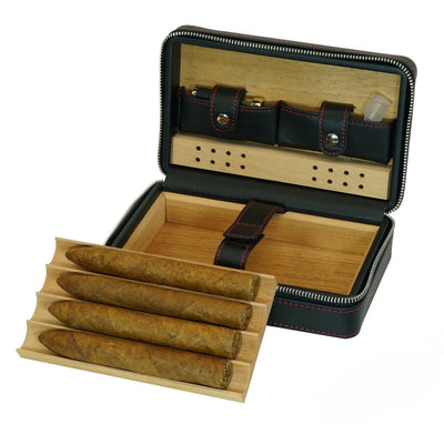Black Travel Cigar Humidor Leather Case for Cigars
