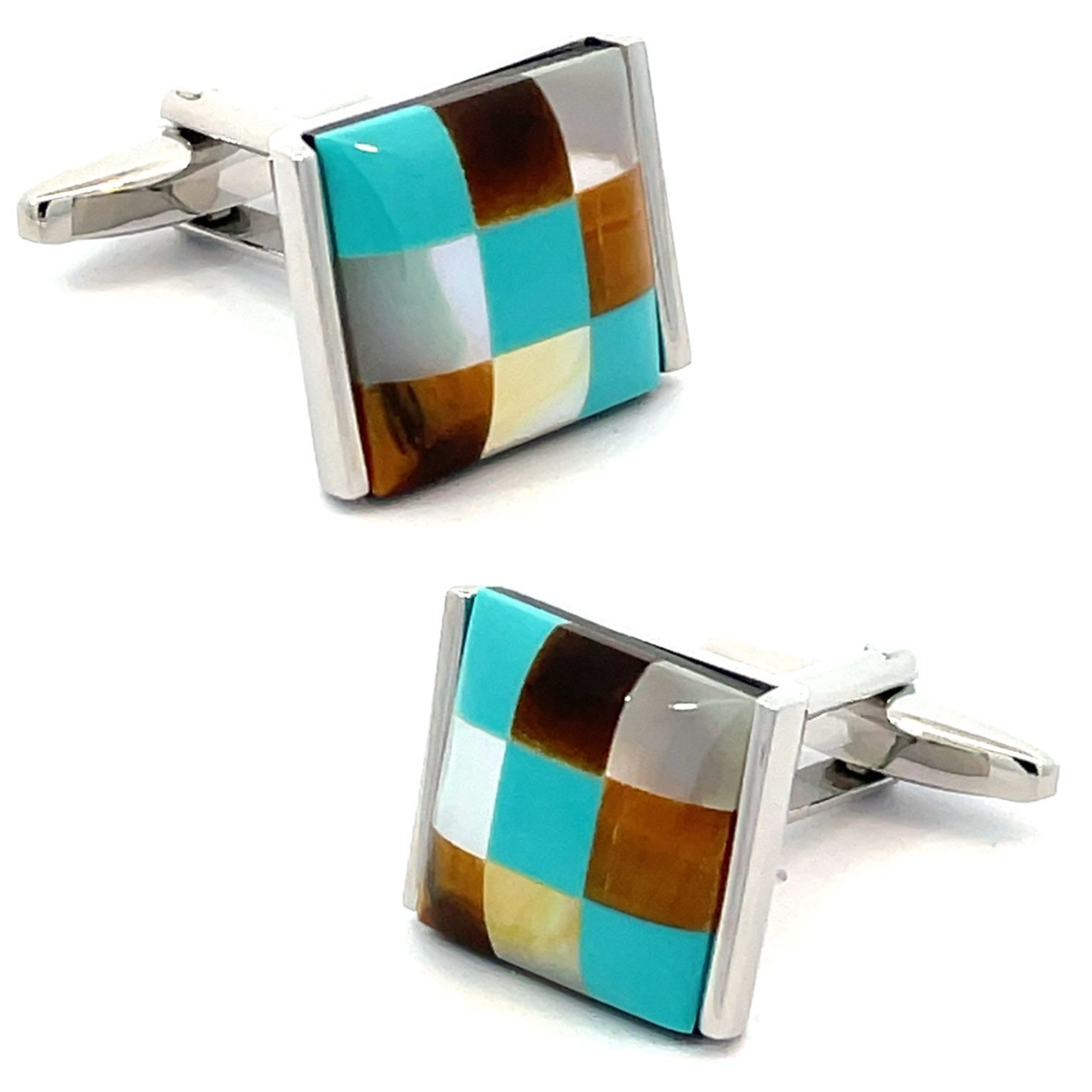 Patchwork Catseye Cufflinks: Brown, Aqua, White