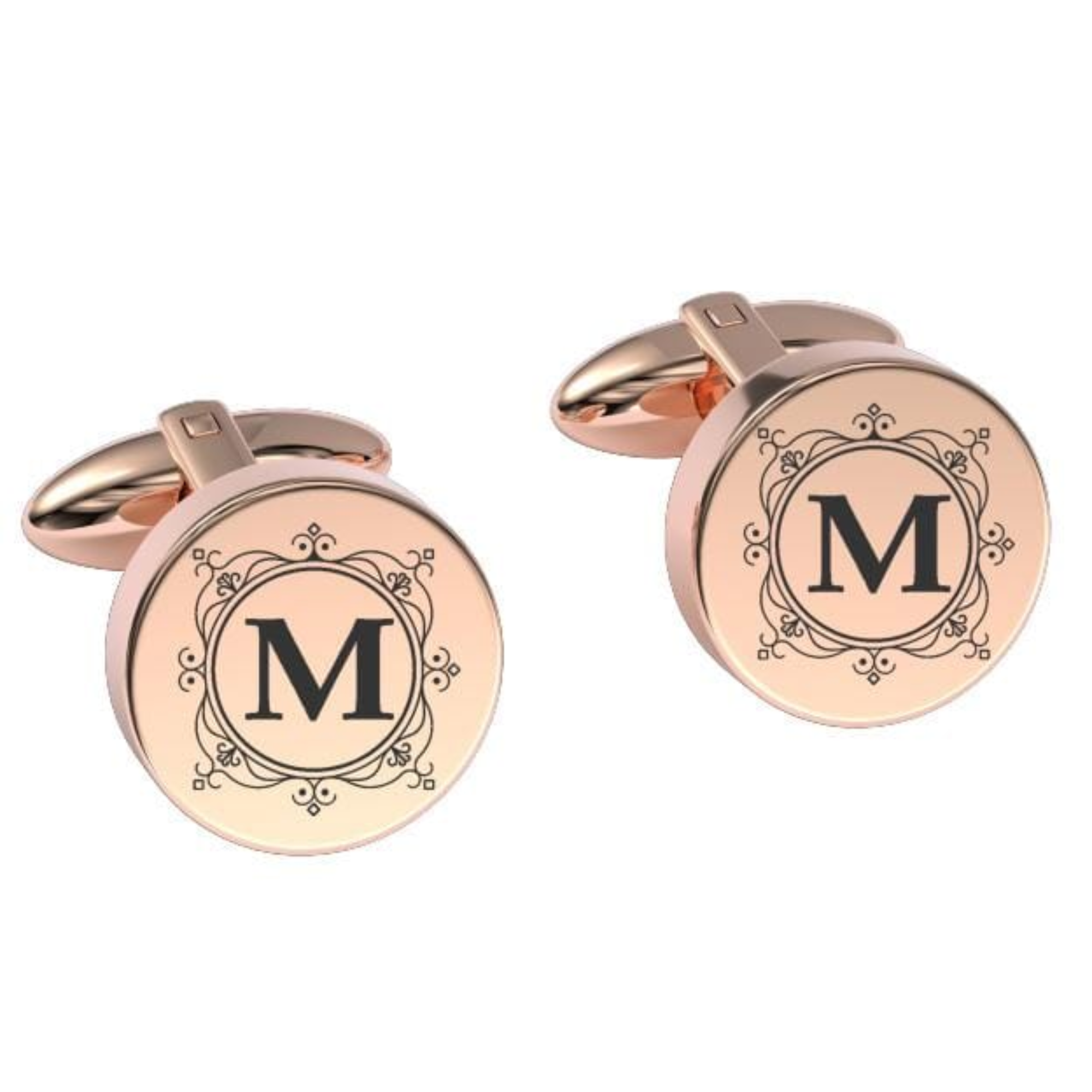 Decorated Round Initials Engraved Cufflinks in Rose Gold