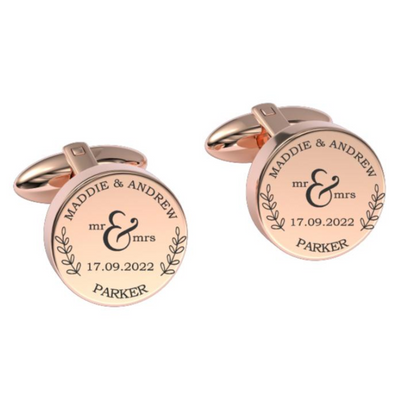 Mr + Mrs Name and Date Engraved Cufflinks in Rose Gold