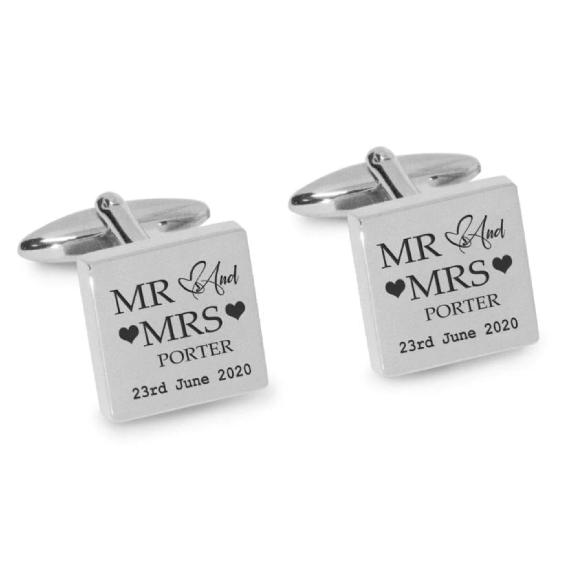 Mr Mrs Last Name Love Heart with Date Engraved Wedding Cufflinks in Silver