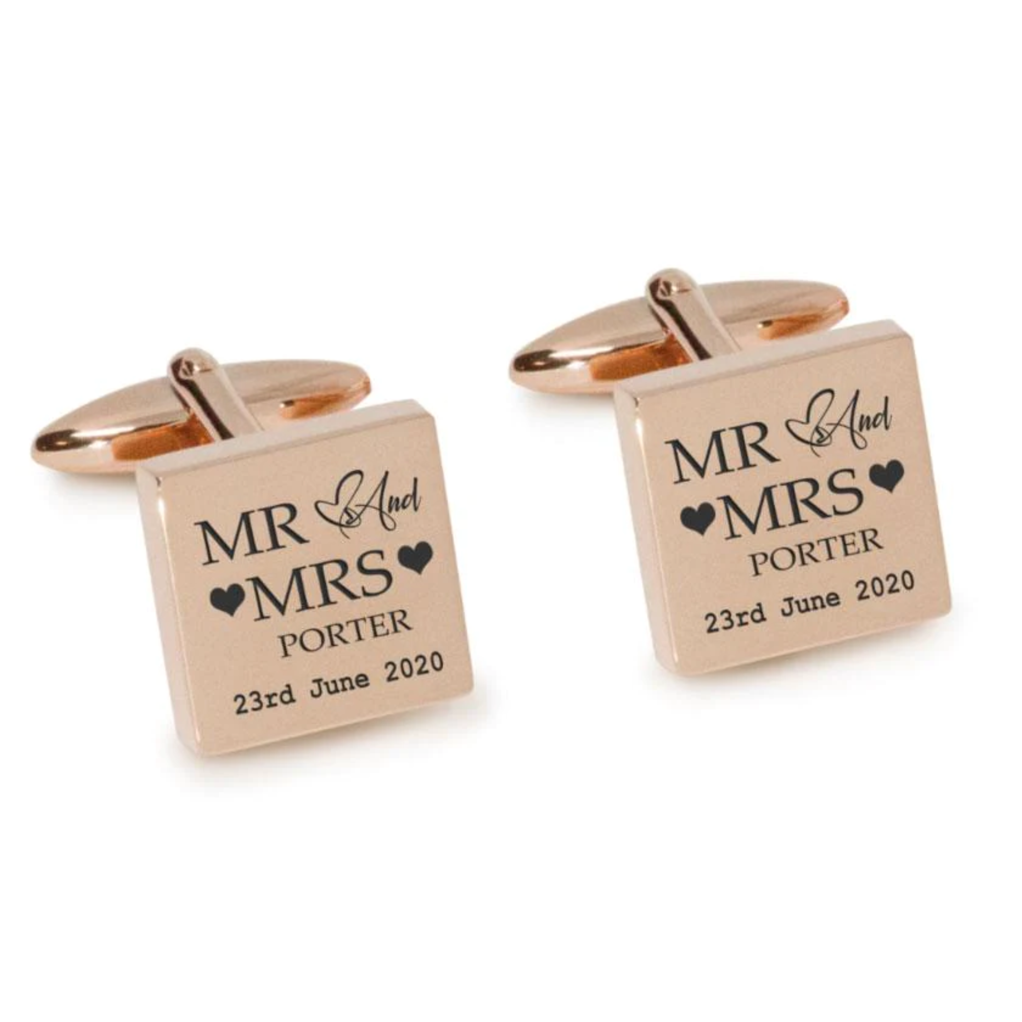 Mr Mrs Last Name Love Heart with Date Engraved Wedding Cufflinks in Rose Gold