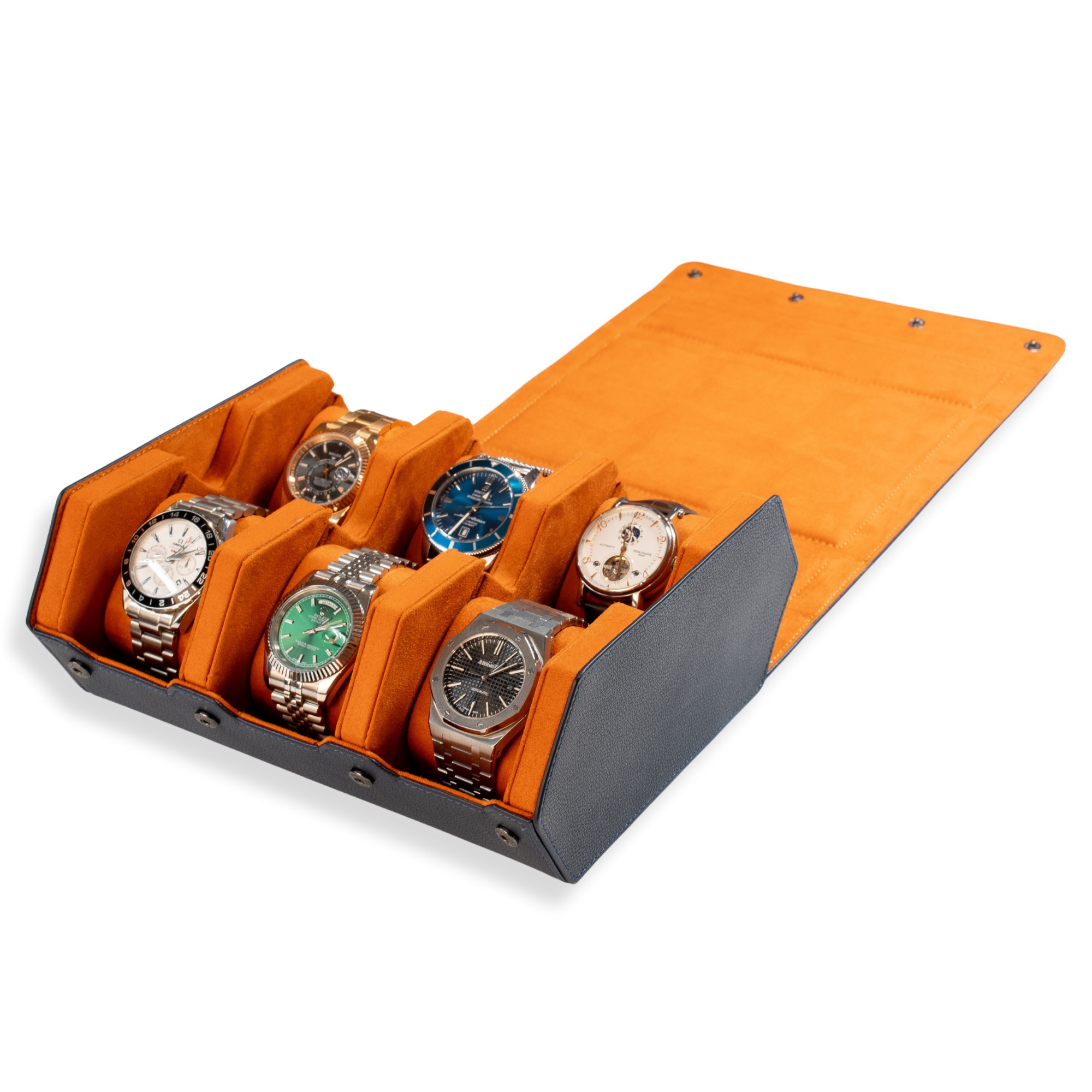 Seconds - Hex Leather Watch Roll 6 Slots in Navy/Orange
