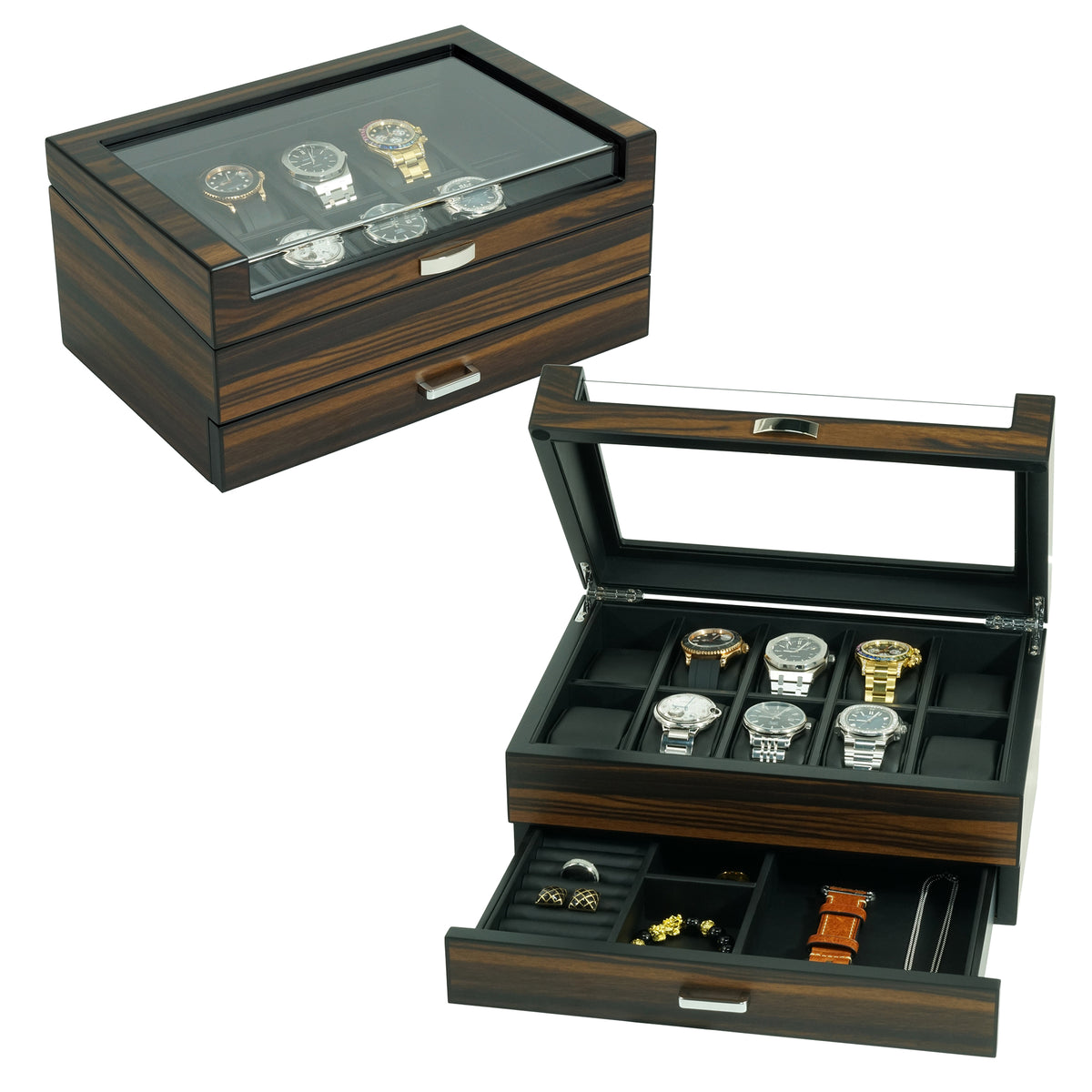 Uhrenbox für 12 Uhren aus Ebenholz mit Schublade