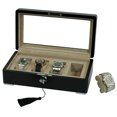 4 Slot Black Wooden Watch Box with Cream Interior