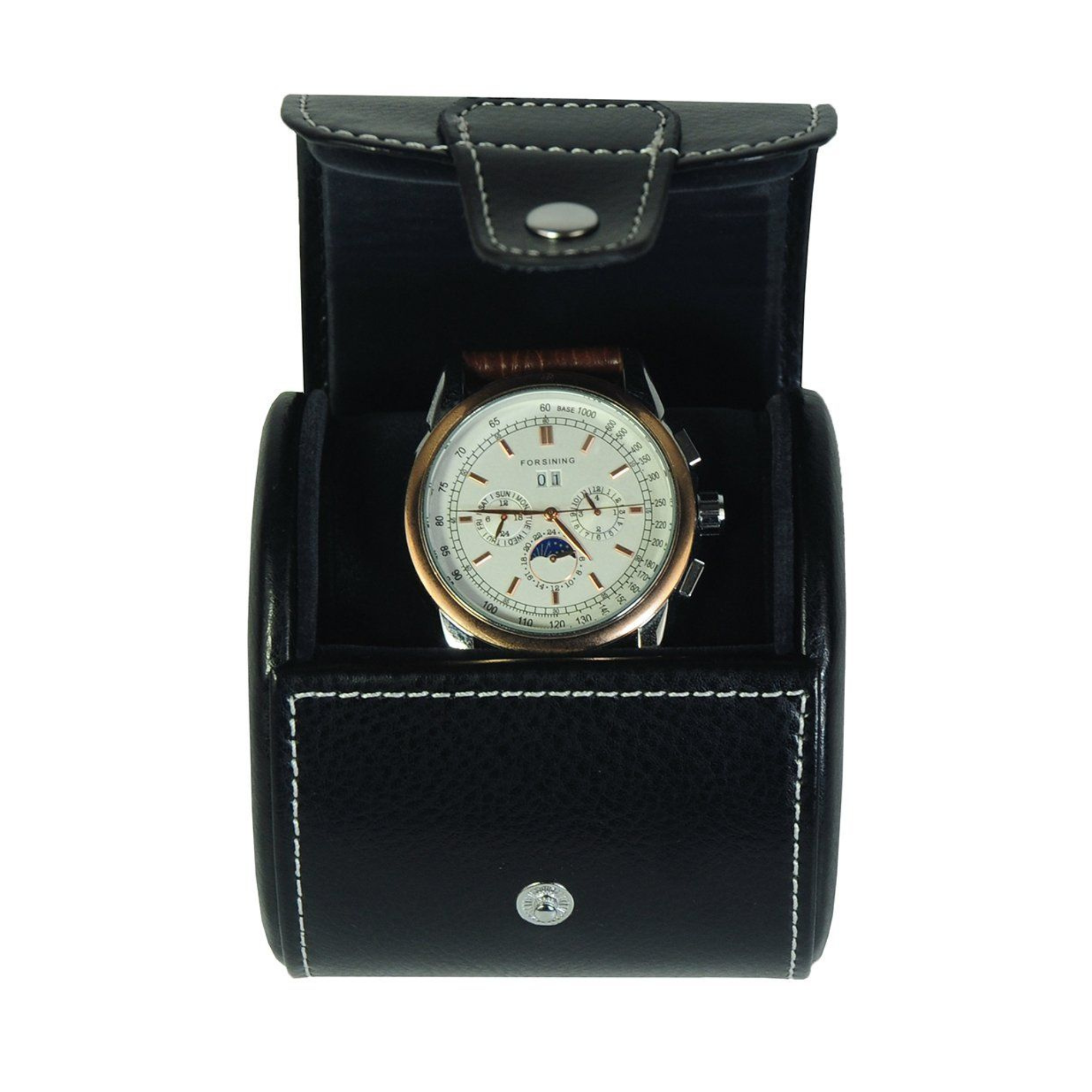 Travel Watch Roll Case for 1 in Black Genuine Leather