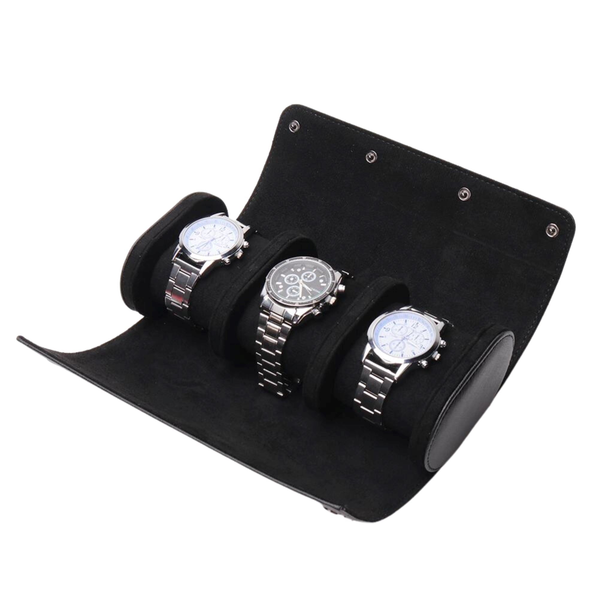 Watch Roll Case for 3 in Black Vegan Leather Watch Boxes Clinks 