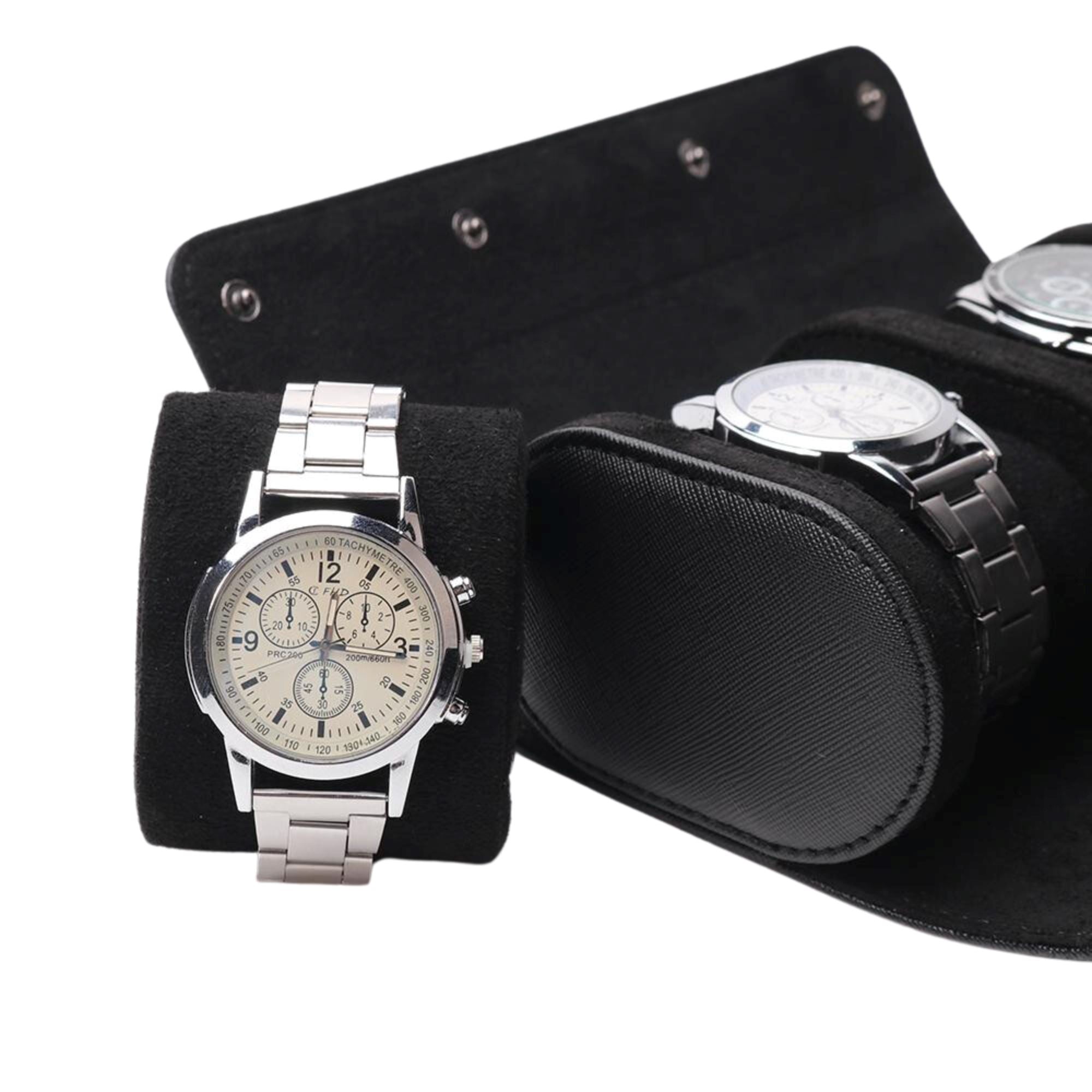Watch Roll Case for 3 in Black Vegan Leather Watch Boxes Clinks 