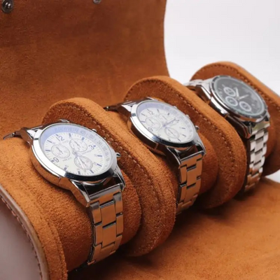 Watch Roll Case for 3 in Brown Vegan Leather