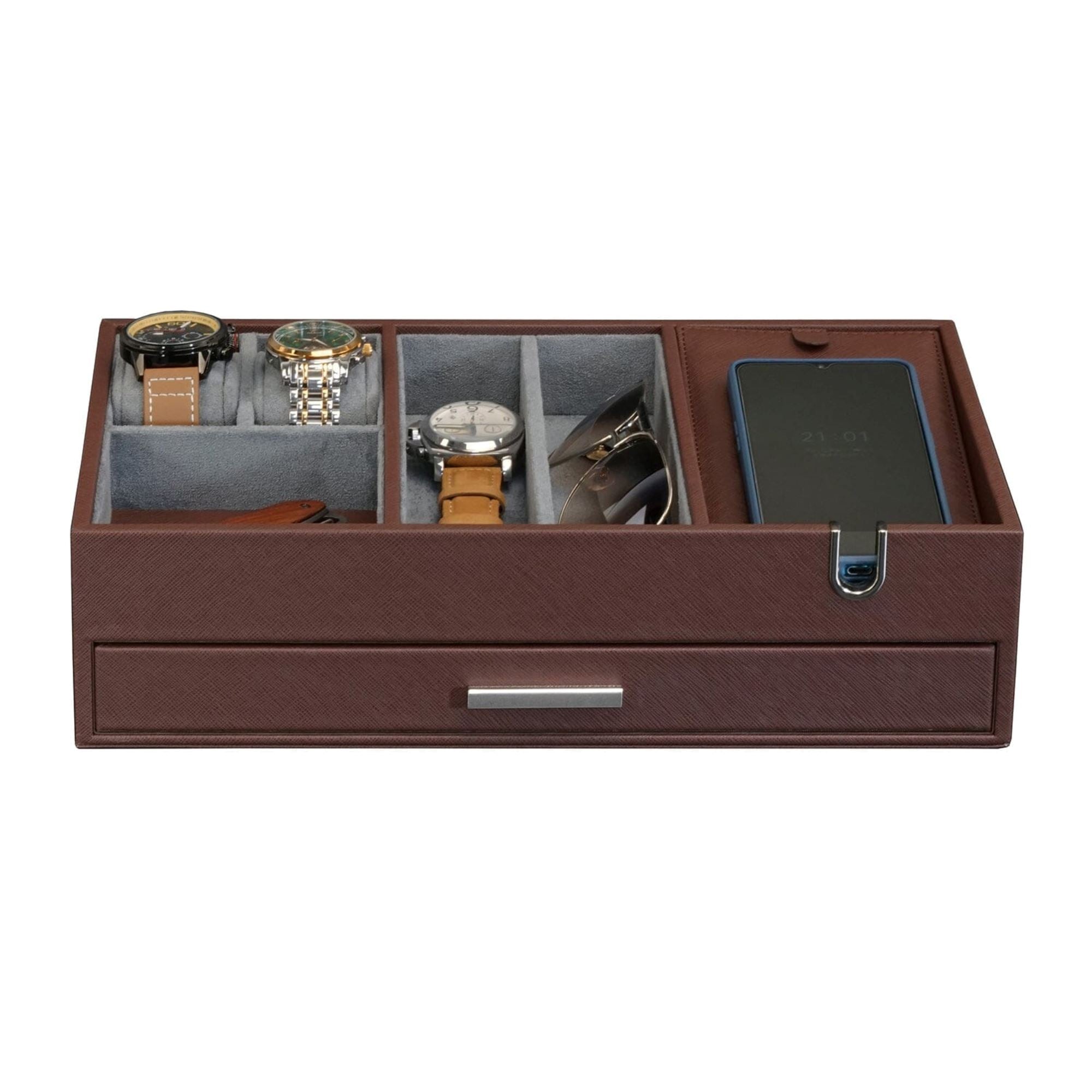 Leather Valet Tray with Drawer in Brown Watch Boxes Clinks 