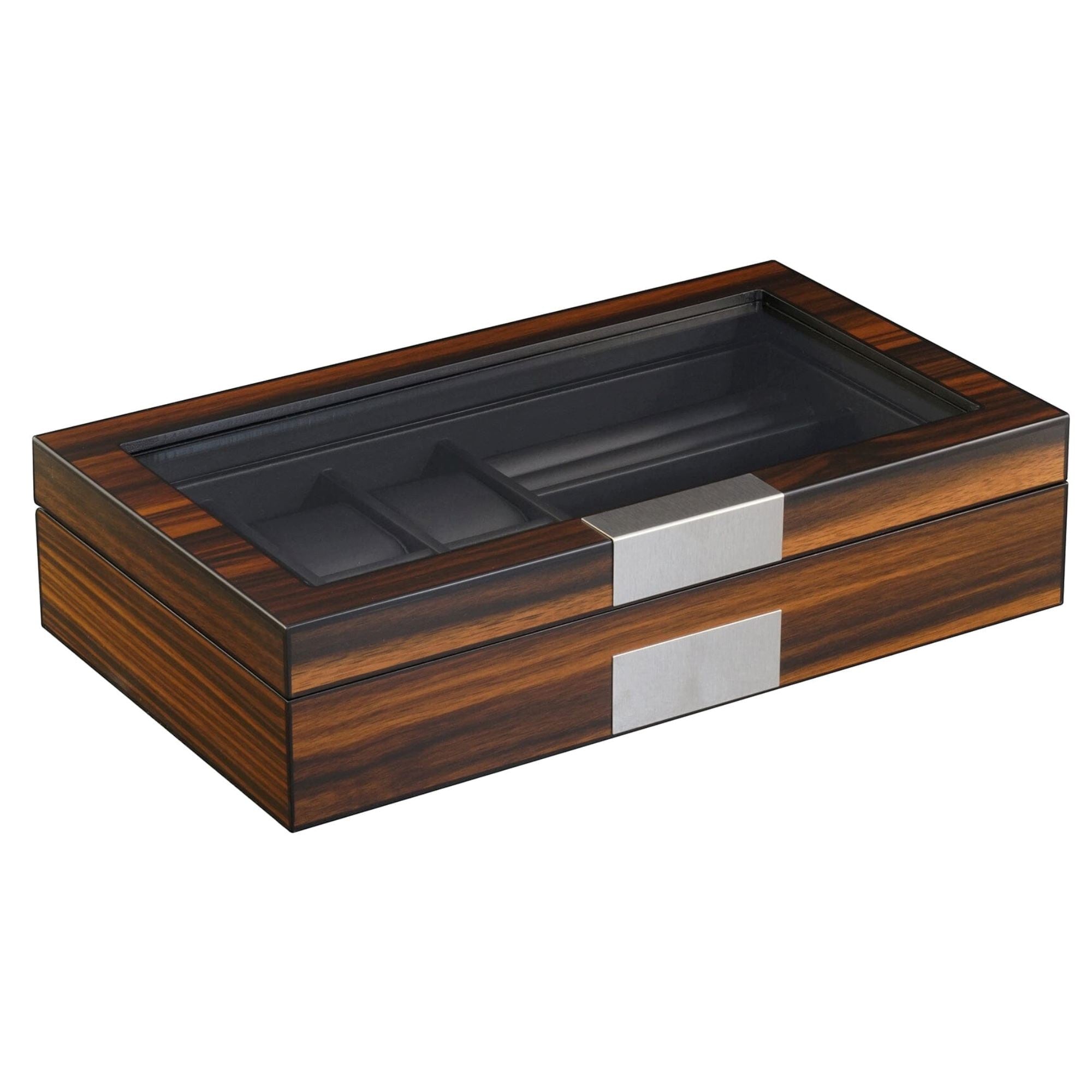 6 Slots Watch Box with Cufflinks and Sunglasses Storage in Ebony Wood Watch Boxes Clinks 