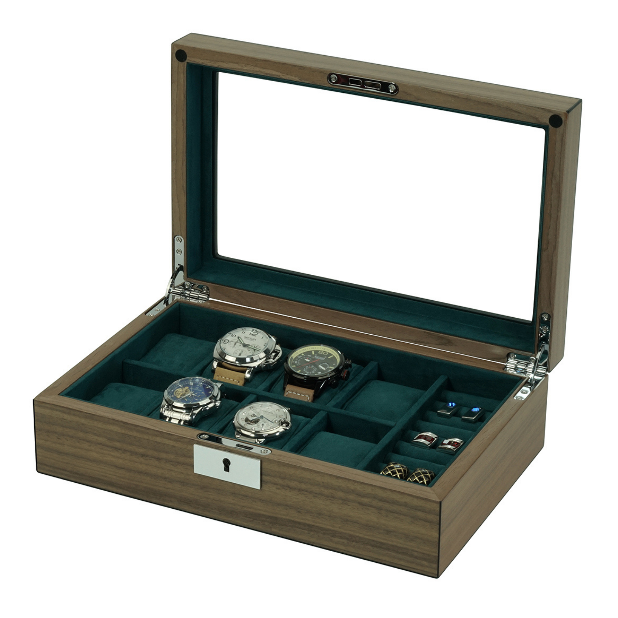 8 Slots Walnut Wooden Watch Box with Cufflinks Storage