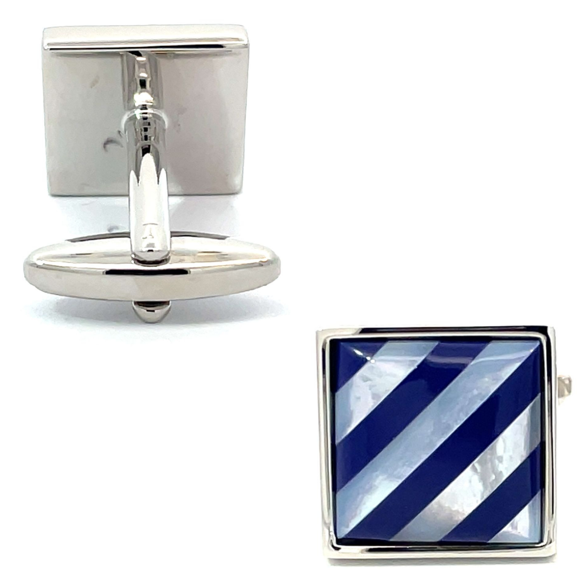 Navy Blue Diagonal Stripes on Mother of Pearl Cufflinks