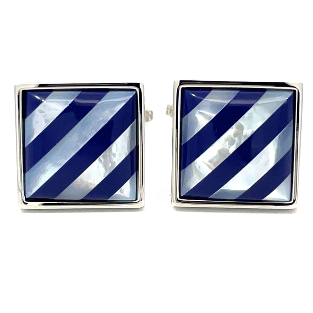 Navy Blue Diagonal Stripes on Mother of Pearl Cufflinks
