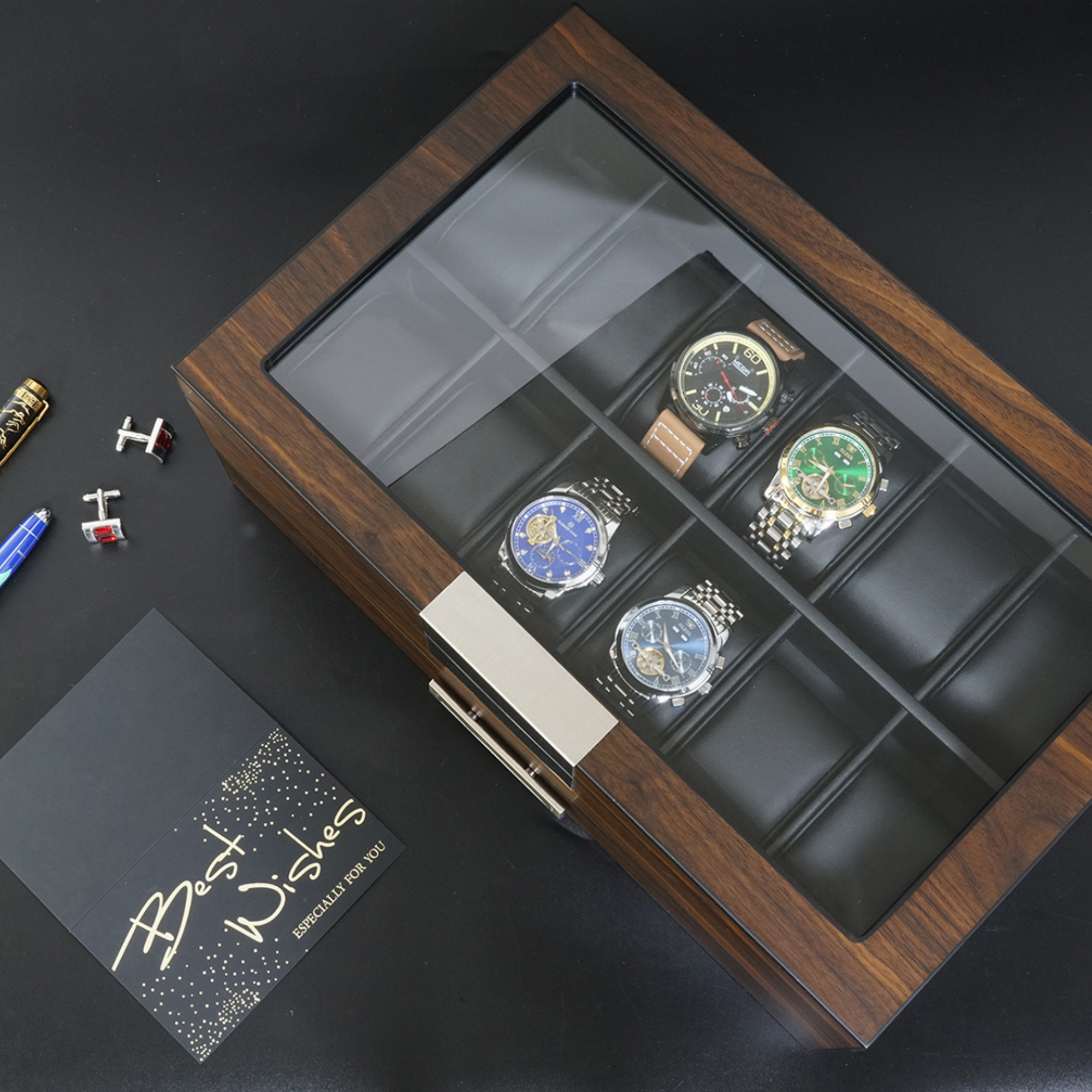 12 Slots Watch Box with Drawer in Ebony Wood