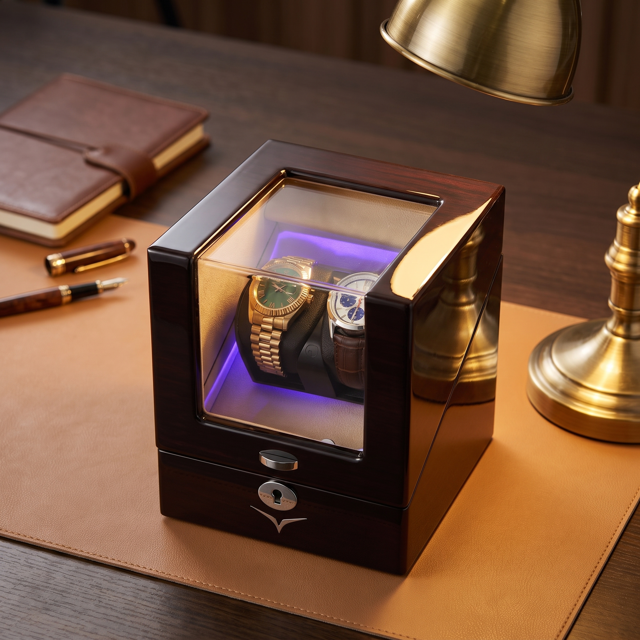 Lindeman Mahogany Watch Winder Box for 2 Watches (Single Rotor) — lifestyle shot